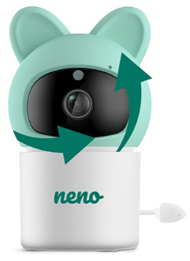 Turkusowy niania elektroniczna z uszami królika, obracającymi się strzałkami i napisem 'neno'.