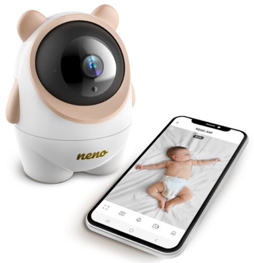Kamera do monitoringu dziecka w kształcie misia obok telefonu pokazującego dziecko na łóżku. Kamera ma czarną soczewkę i biały korpus.