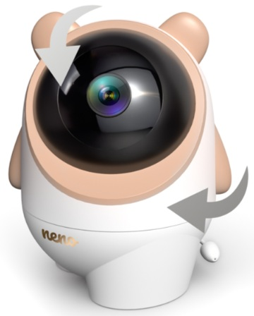 Biała i brzoskwiniowa kamera do monitoringu dziecka z misiem, strzałki pokazują rotację.