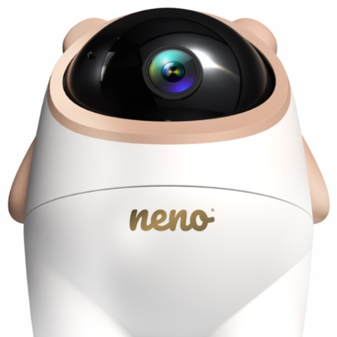 Kamera do monitoringu dziecka w kształcie misia, widok z przodu. Ma czarną soczewkę, złote akcenty i biały korpus.