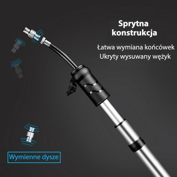 Czarna i srebrna pompka powietrza z tekstem po polsku na ciemnym tle.