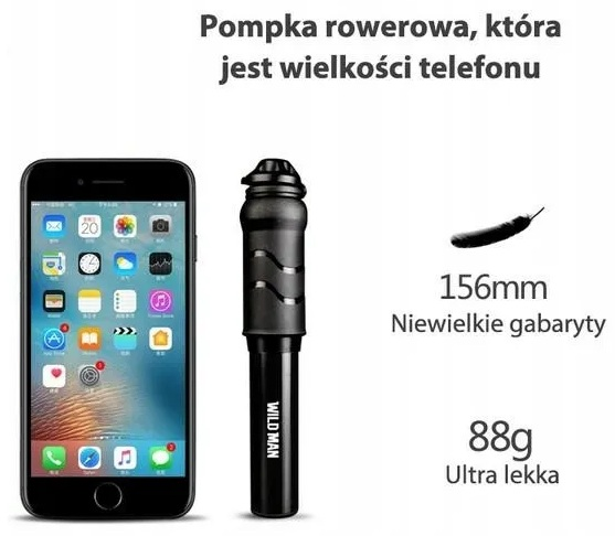 Czarna pompka rowerowa obok telefonu, z tekstem o jej rozmiarze.