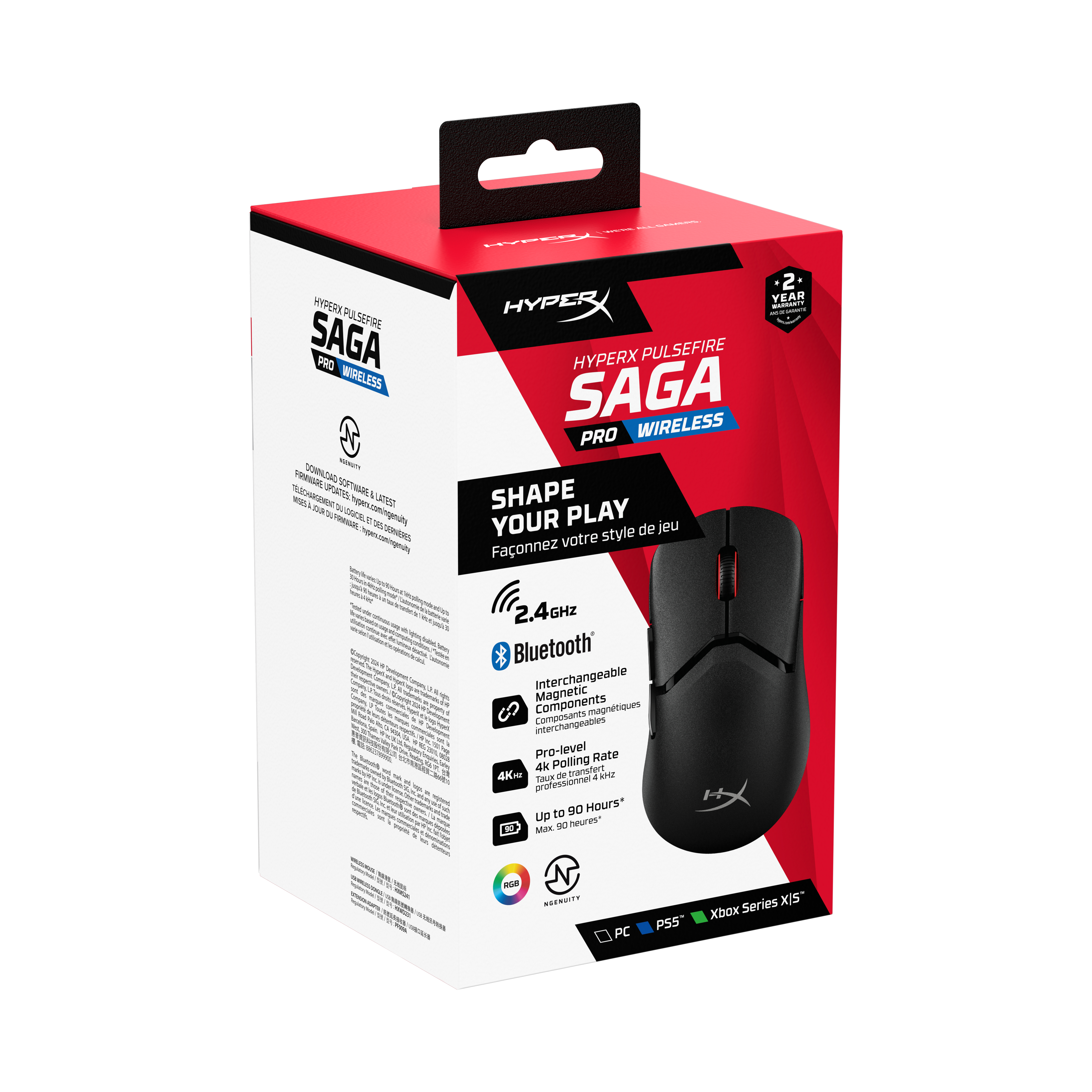 Schachtel mit HyperX-Maus, schwarz und rot. Text enthält 'Saga Pro Wireless' und 'Shape Your Play'.