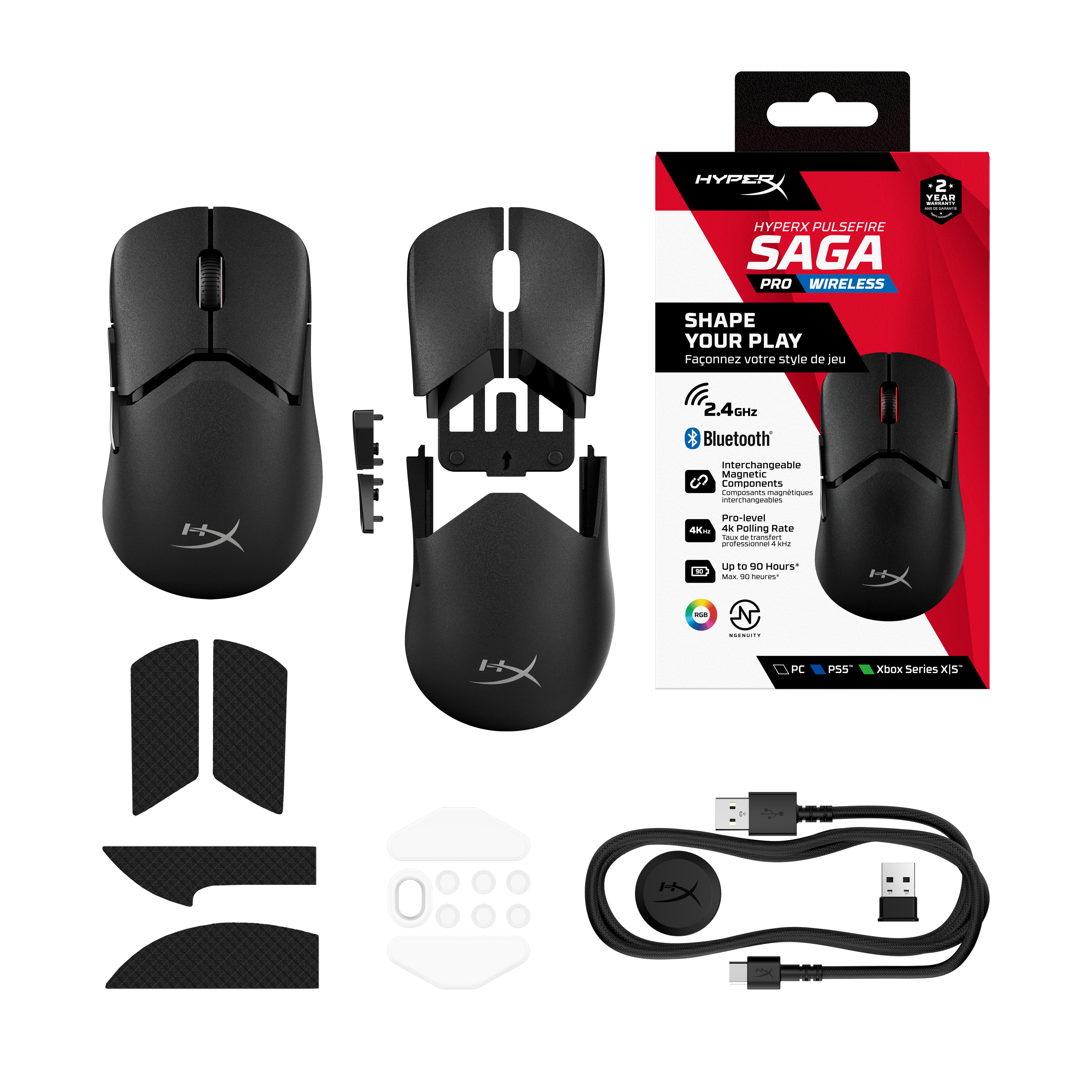 Gaming-Maus-Komponenten und -Box. Maus, abnehmbare Teile, ein Kabel und eine Box mit Produktdetails.
