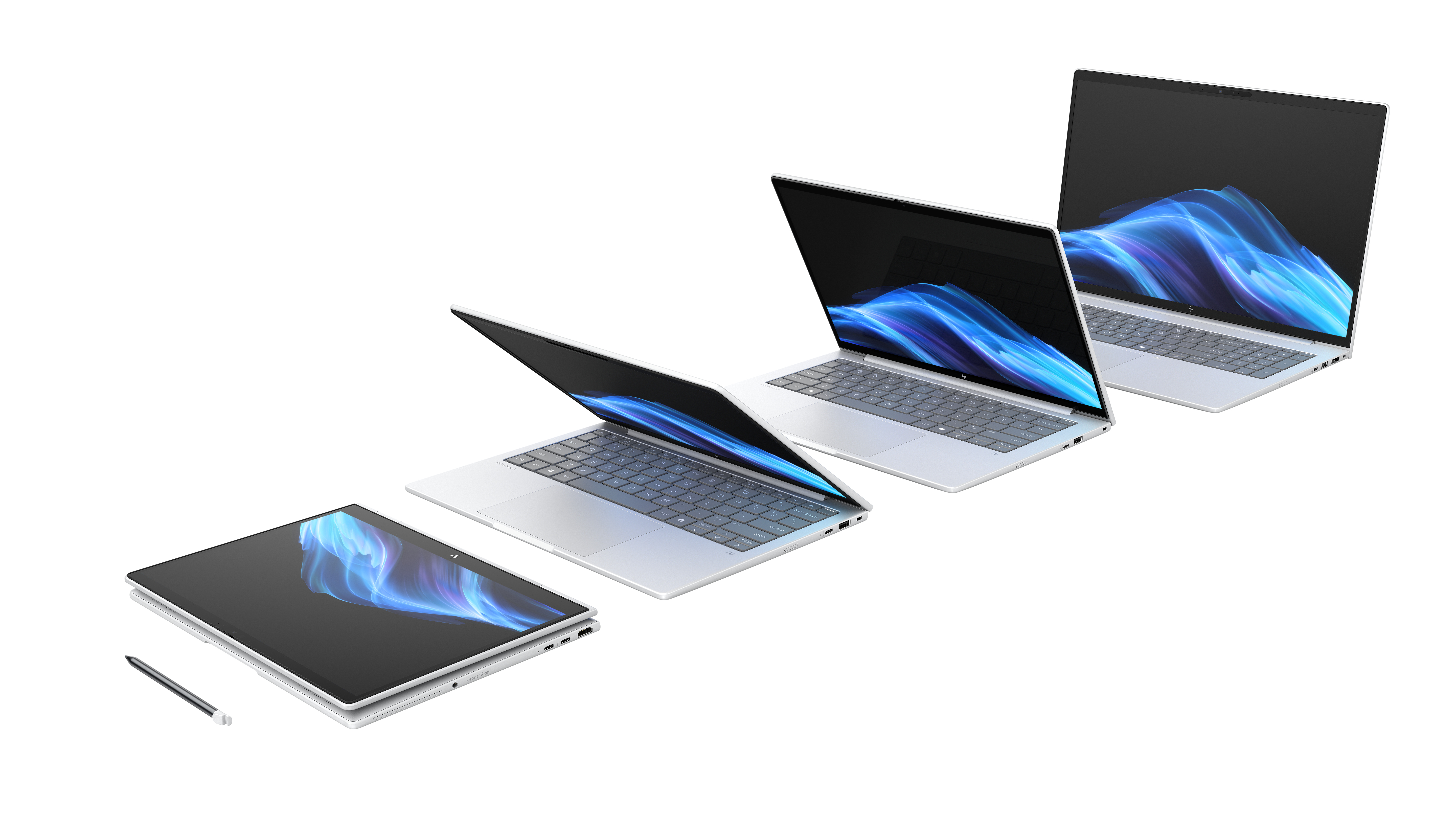 Laptops in einer Reihe, die verschiedene Öffnungswinkel zeigen. Jeder hat einen blau-weißen Wellenbildschirm.