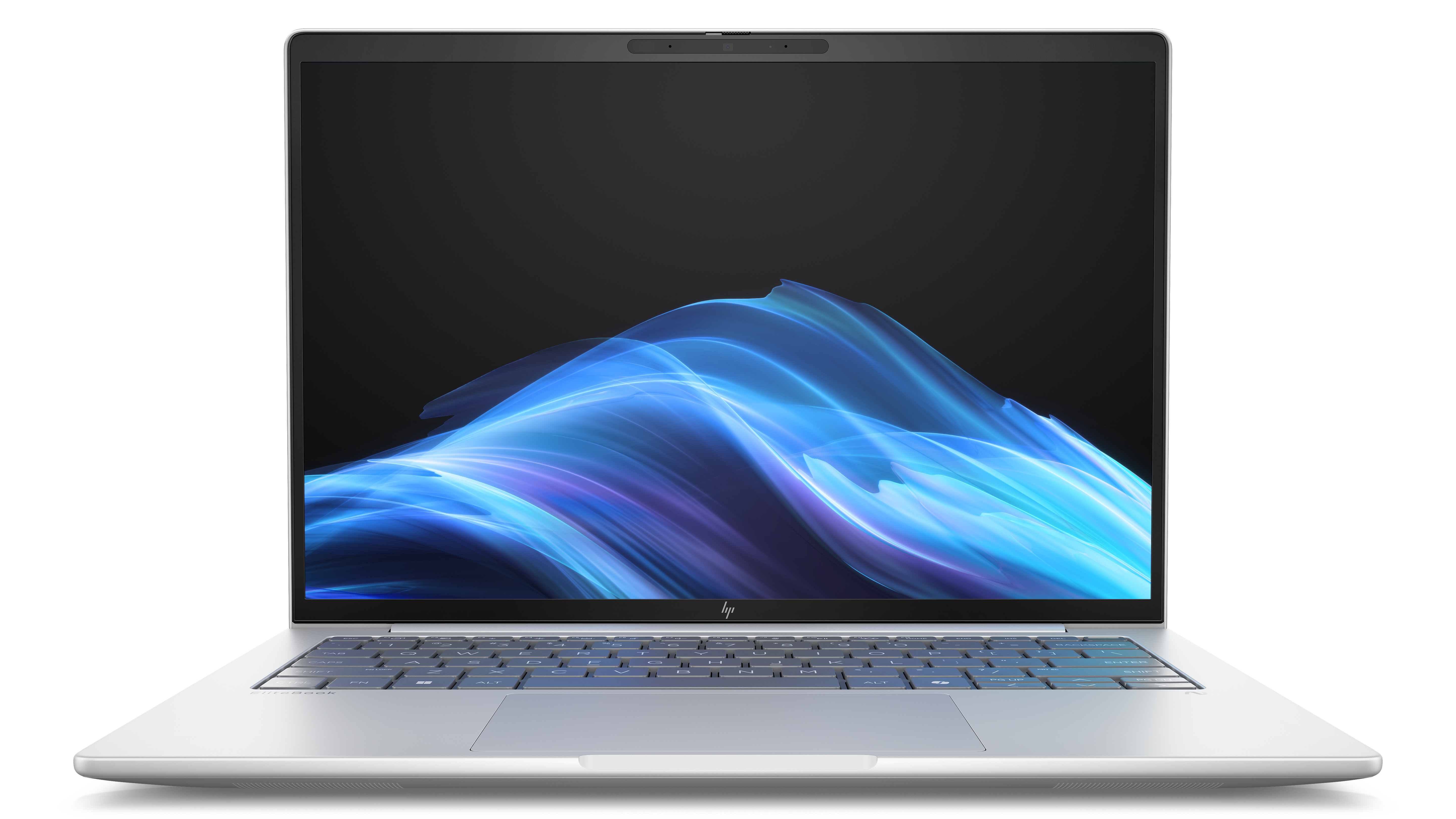Vorderansicht eines silbernen Laptops. Der Bildschirm zeigt blaue und violette Wellen auf schwarzem Hintergrund.