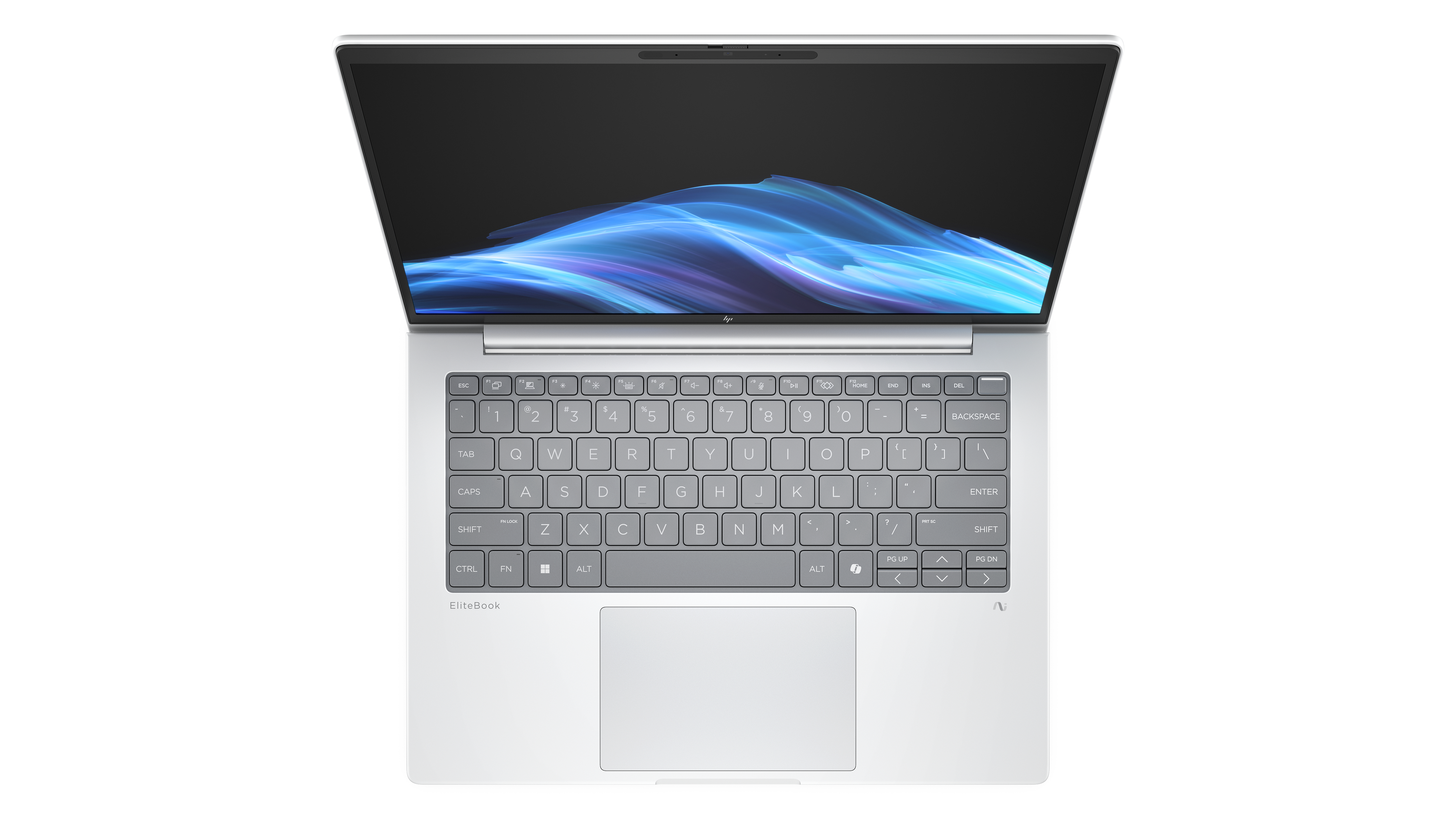Laptop von oben, zeigt Tastatur und Touchpad. Der Bildschirm ist schwarz mit blauen und violetten Wellen.