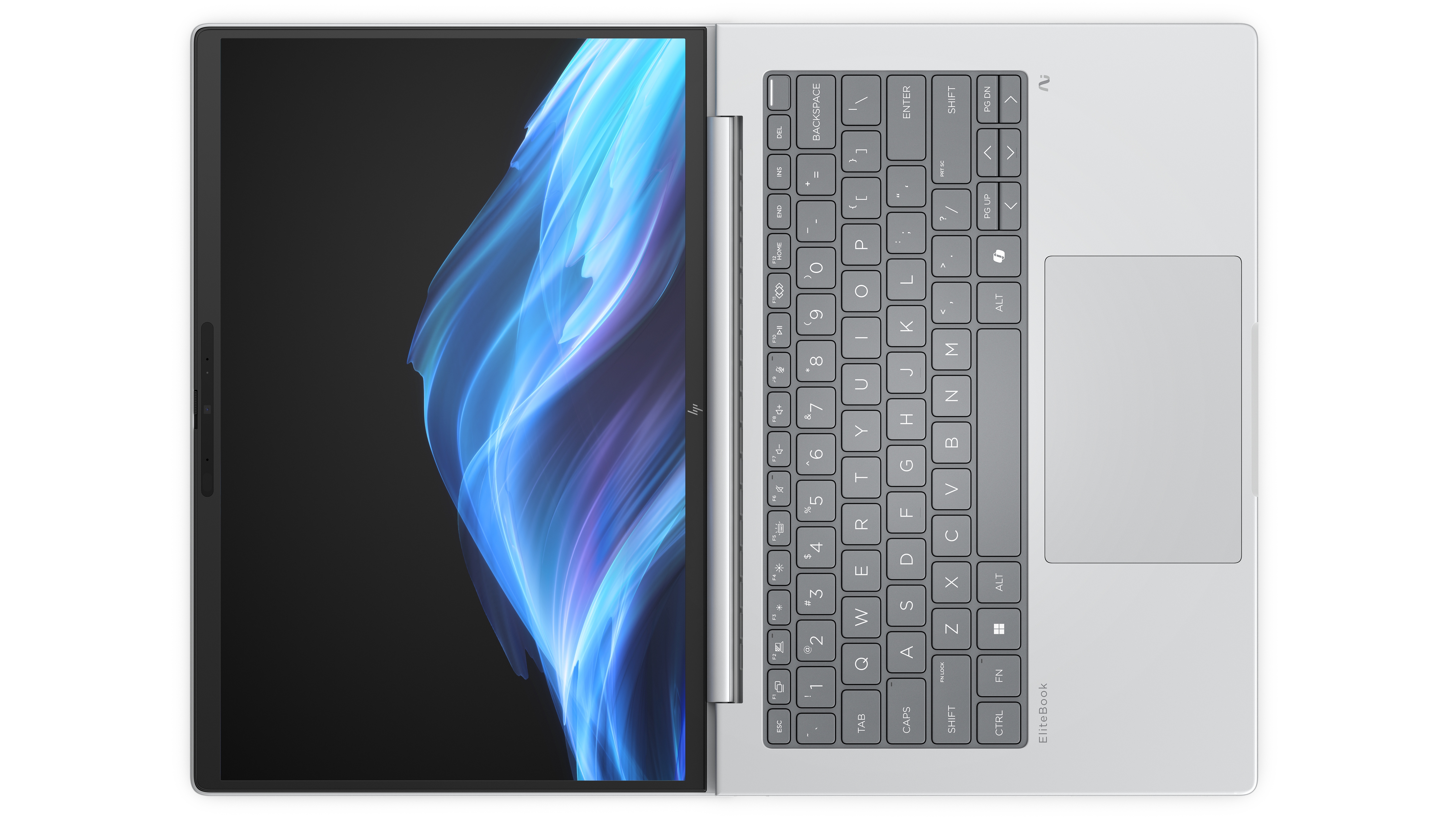 Laptop von oben, geöffnet, zeigt Tastatur und Touchpad. Bildschirm zeigt blaue und violette Wellen.