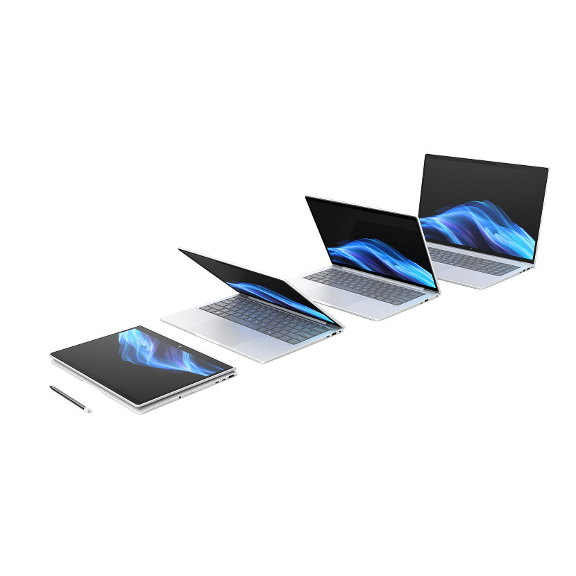 Vier Laptops, die verschiedene Öffnungswinkel zeigen. Jeder zeigt einen blau-weißen Wellenbildschirm.