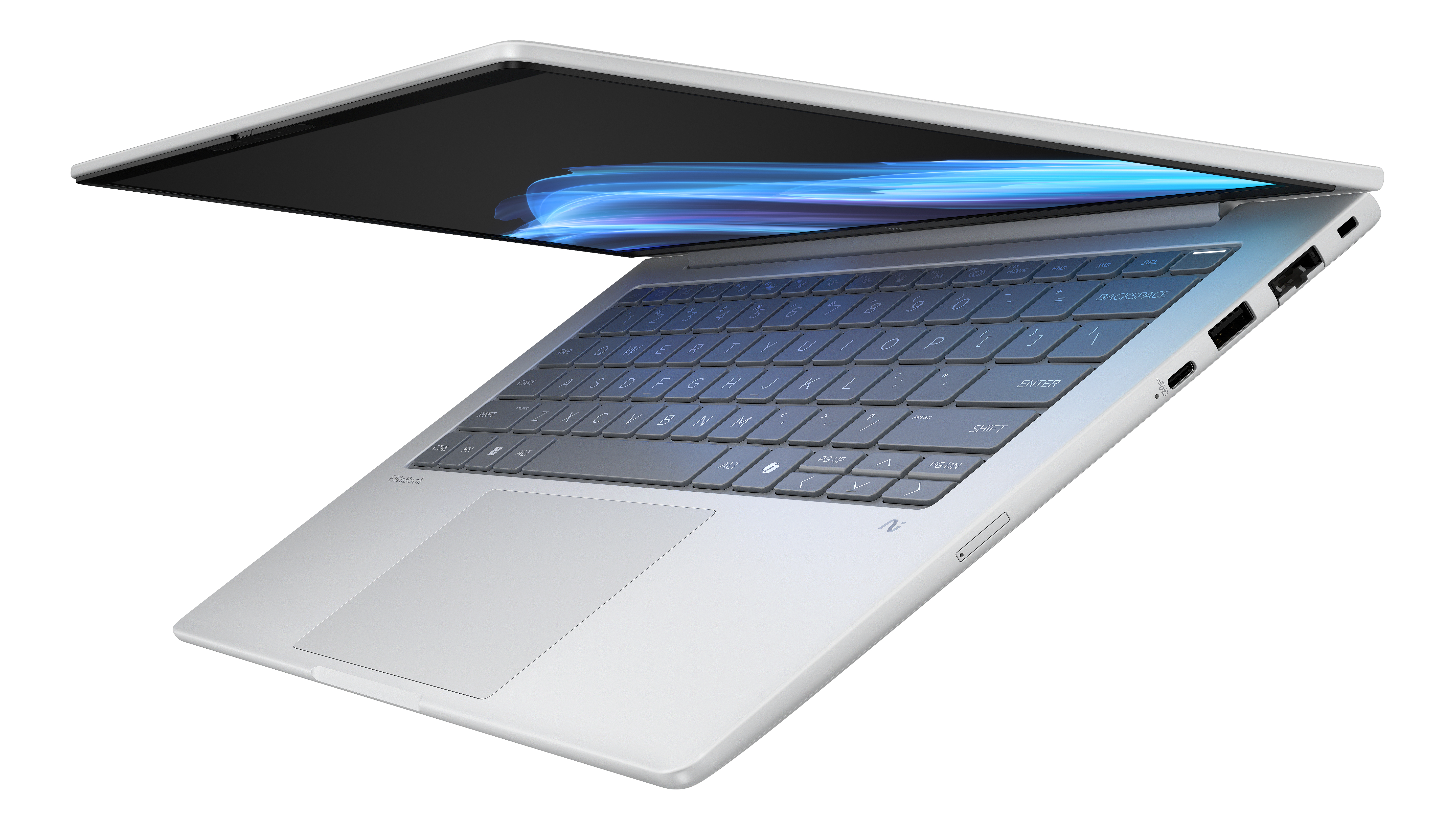 Laptop mit offenem Bildschirm, Tastatur sichtbar, zeigt blaues und weißes abstraktes Wallpaper.
