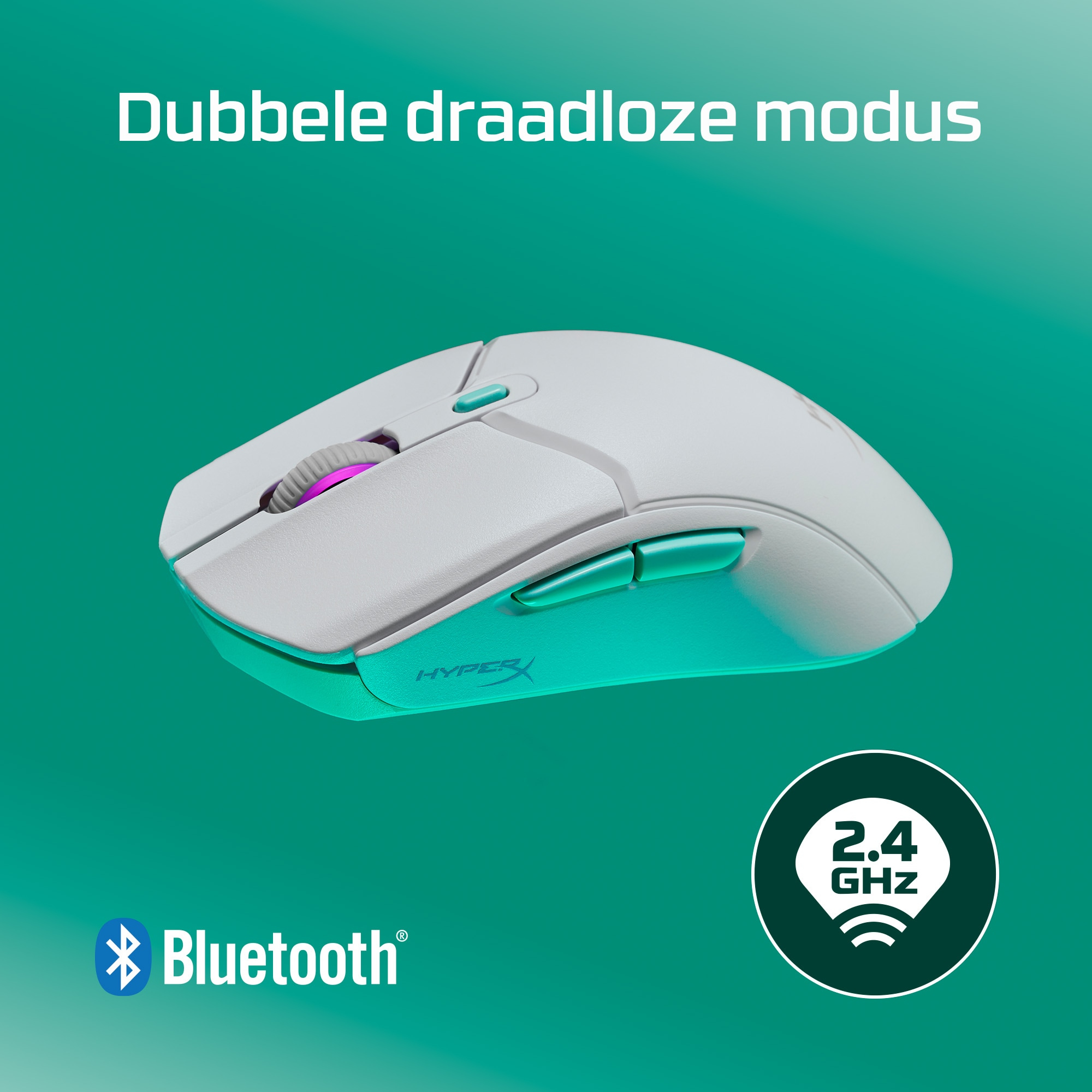 Gaming mouse with the words Double Wireless Mode and a Bluetooth and 2.4 GHz logo.