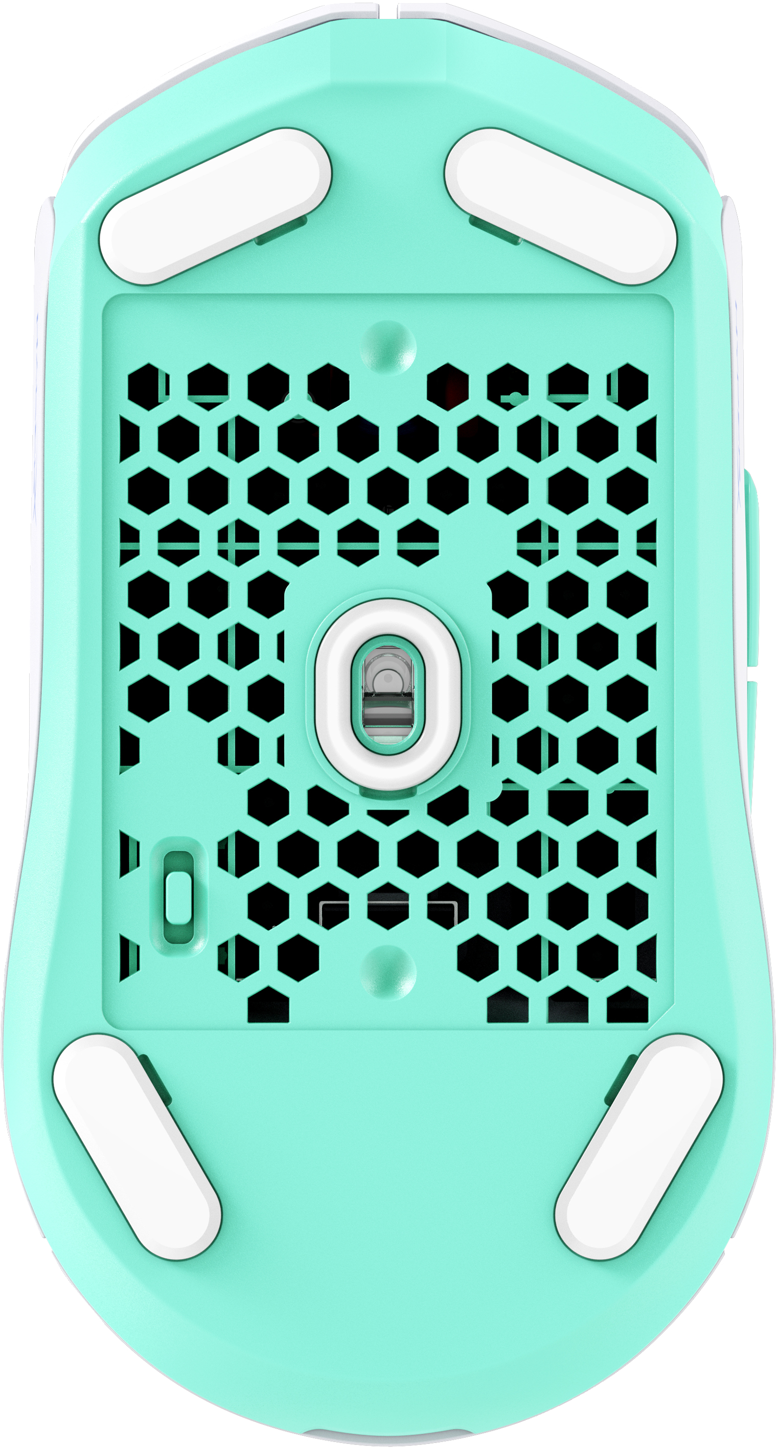 Bottom view of a white gaming mouse with mint green accents and honeycomb design.