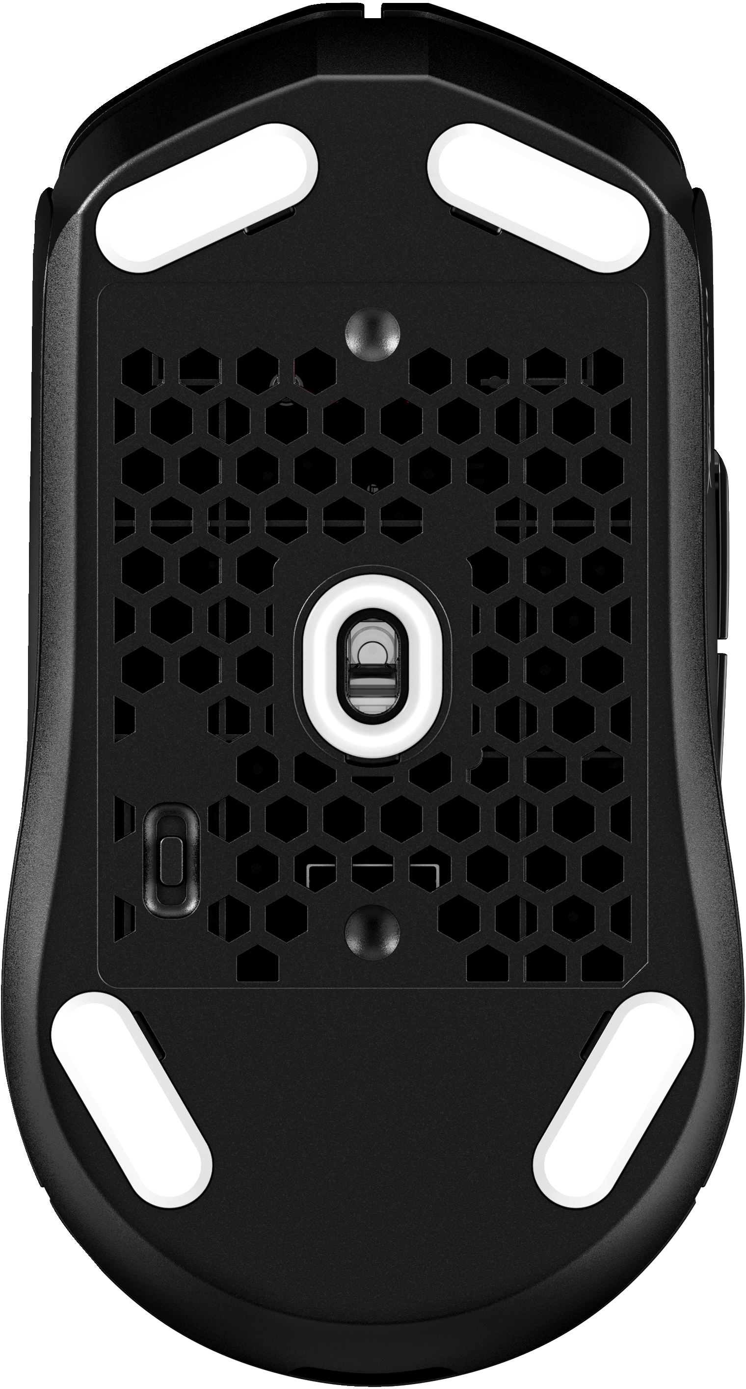 Bottom view of a black computer mouse, honeycomb design, white feet and a button.
