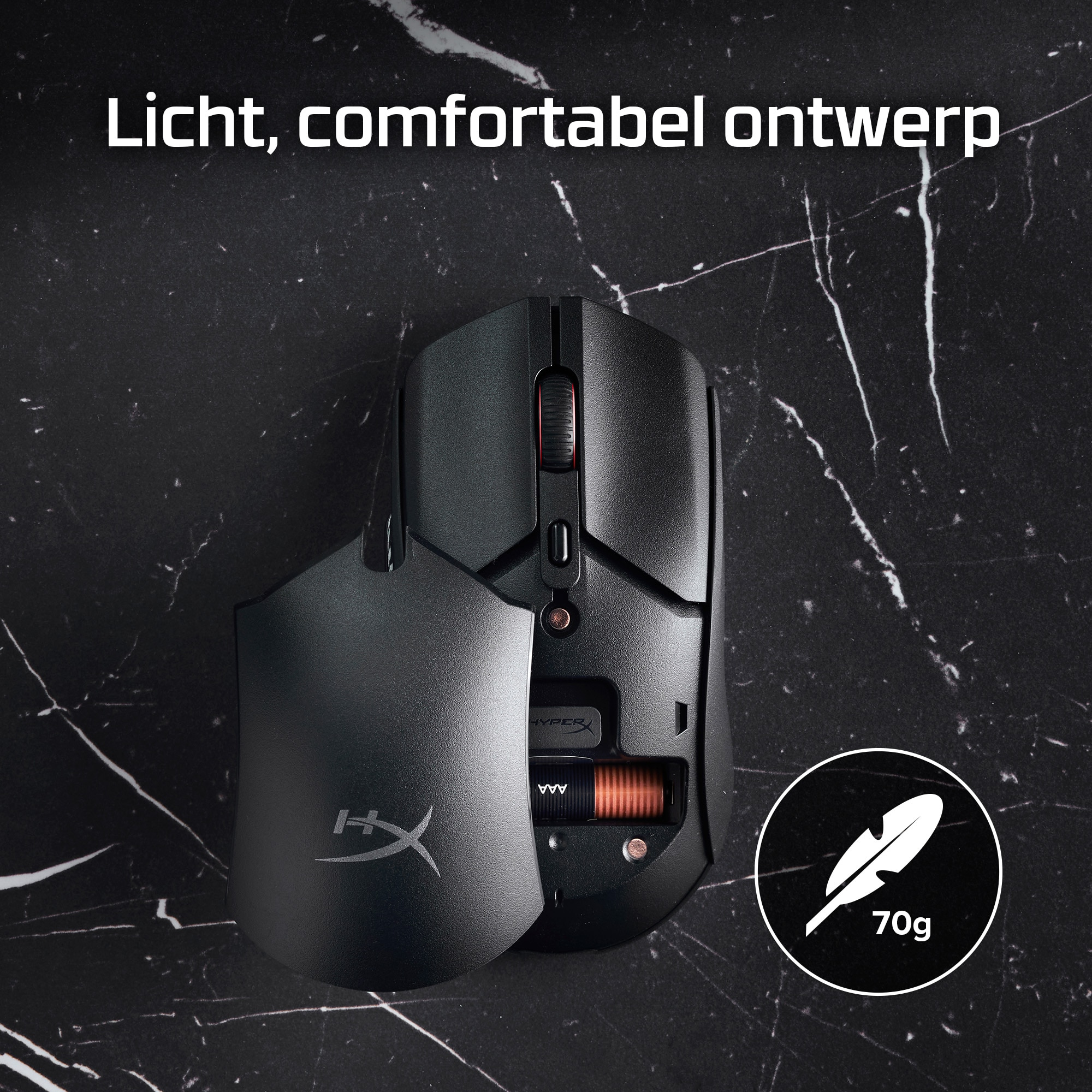 Black computer mouse, side panel open. Black marble background. Text: 'Light, comfortable design'.