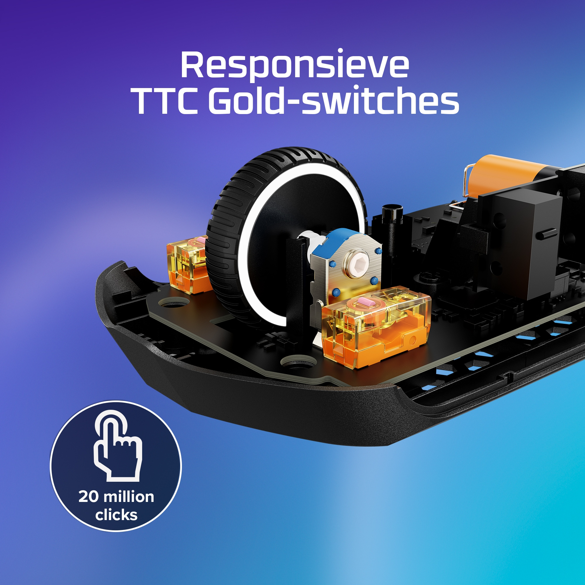 Close-up of mouse components. Text: 'Responsive TTC Gold-switches', '20 million clicks'.