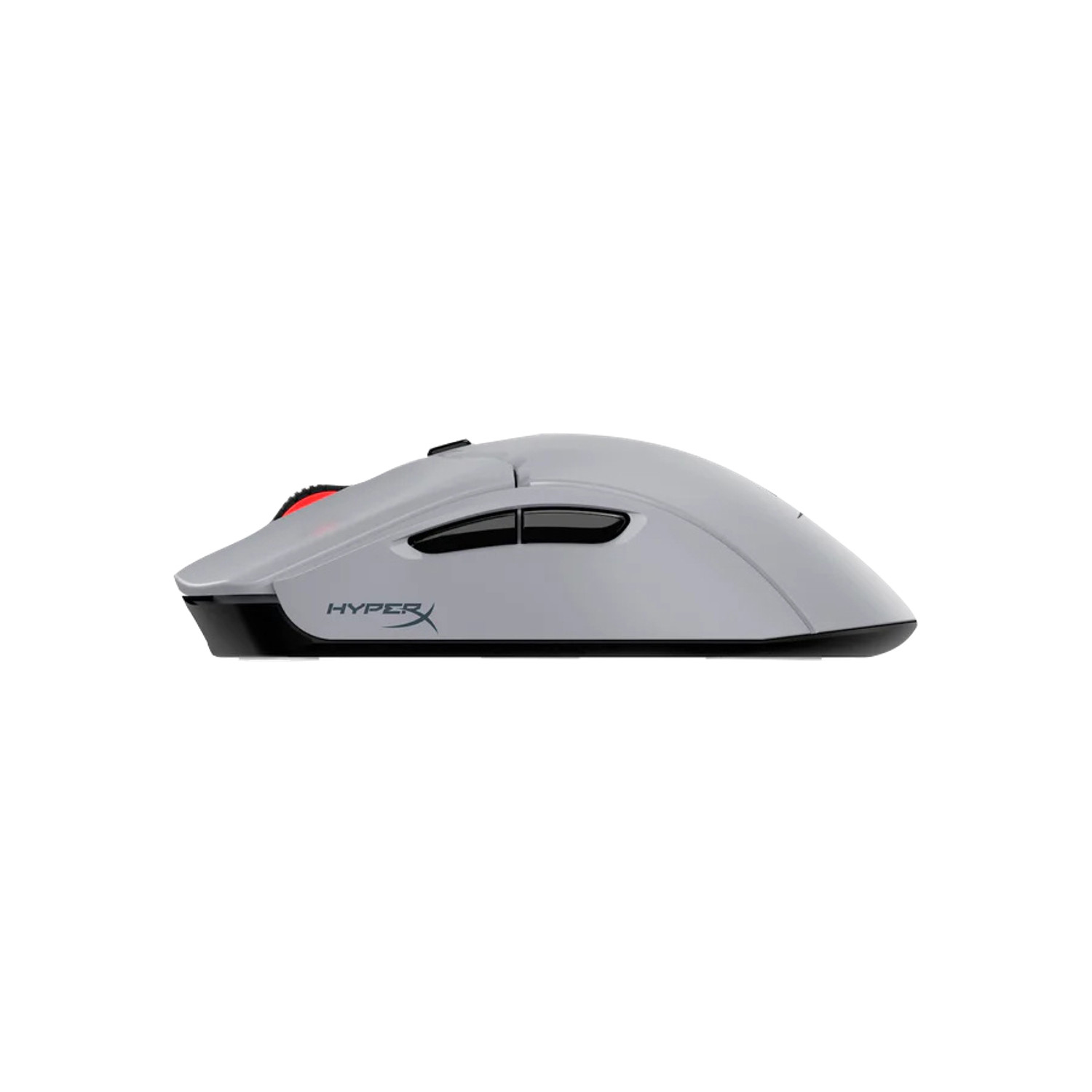 A gray gaming mouse with black accents and a red button on the side.