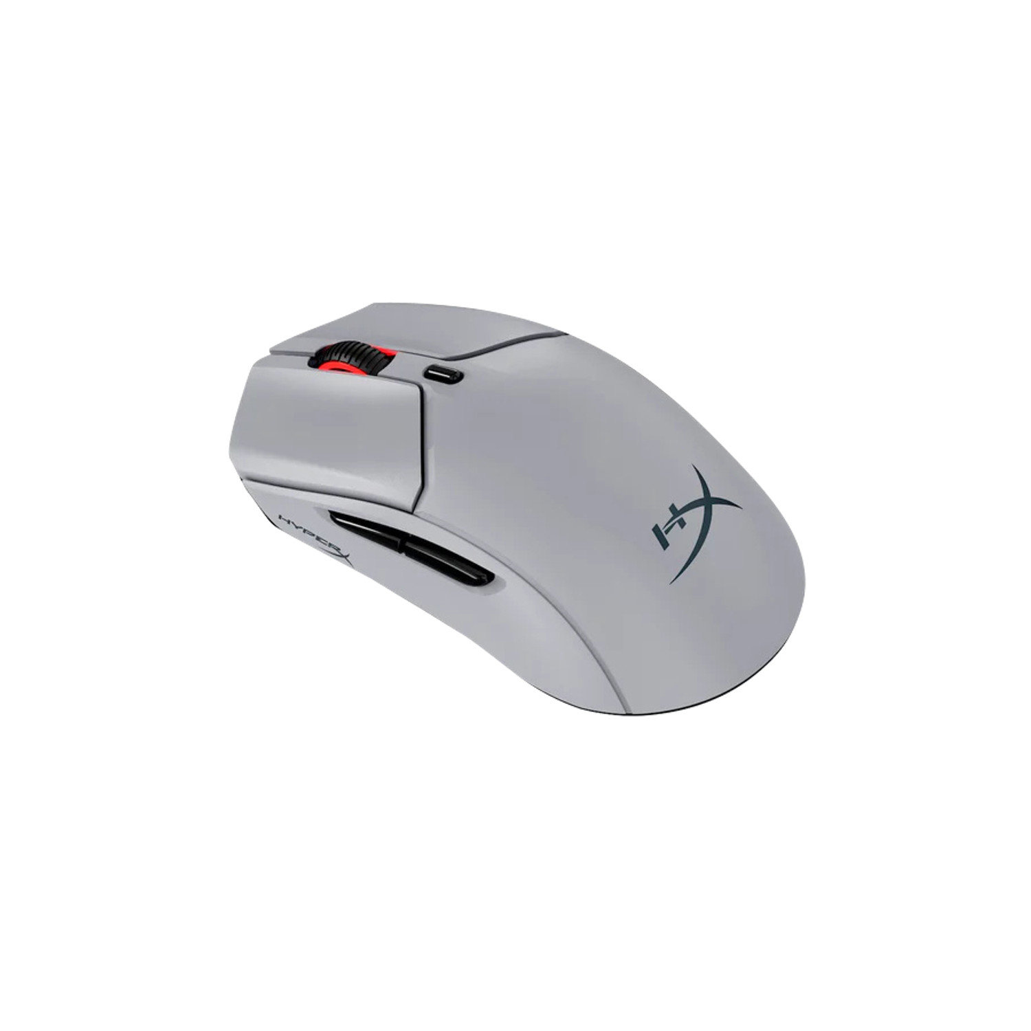 Light gray computer mouse, red scroll wheel. Angled view.