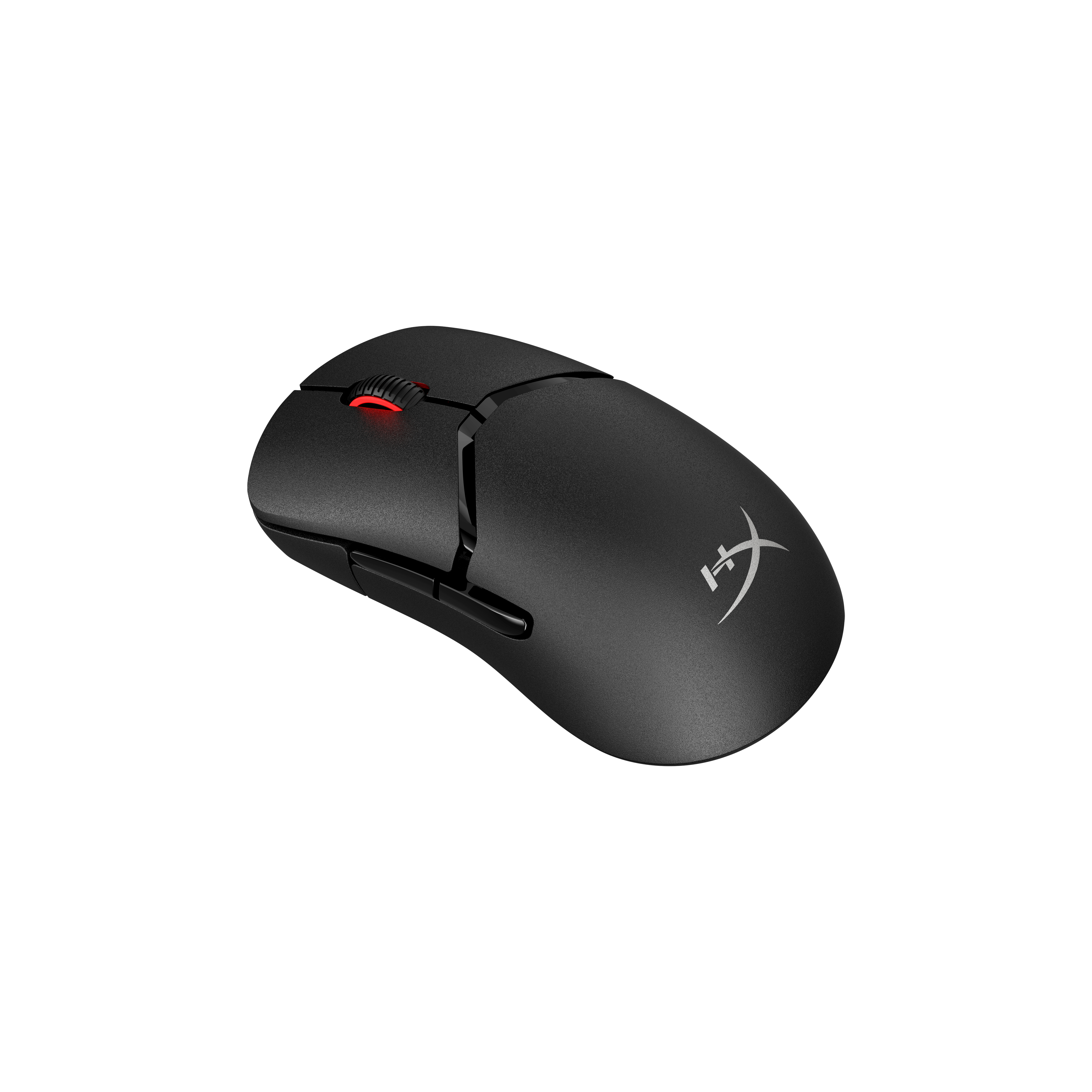 A black HyperX Pulsefire Saga Pro wireless gaming mouse datasheet with product details is displayed.