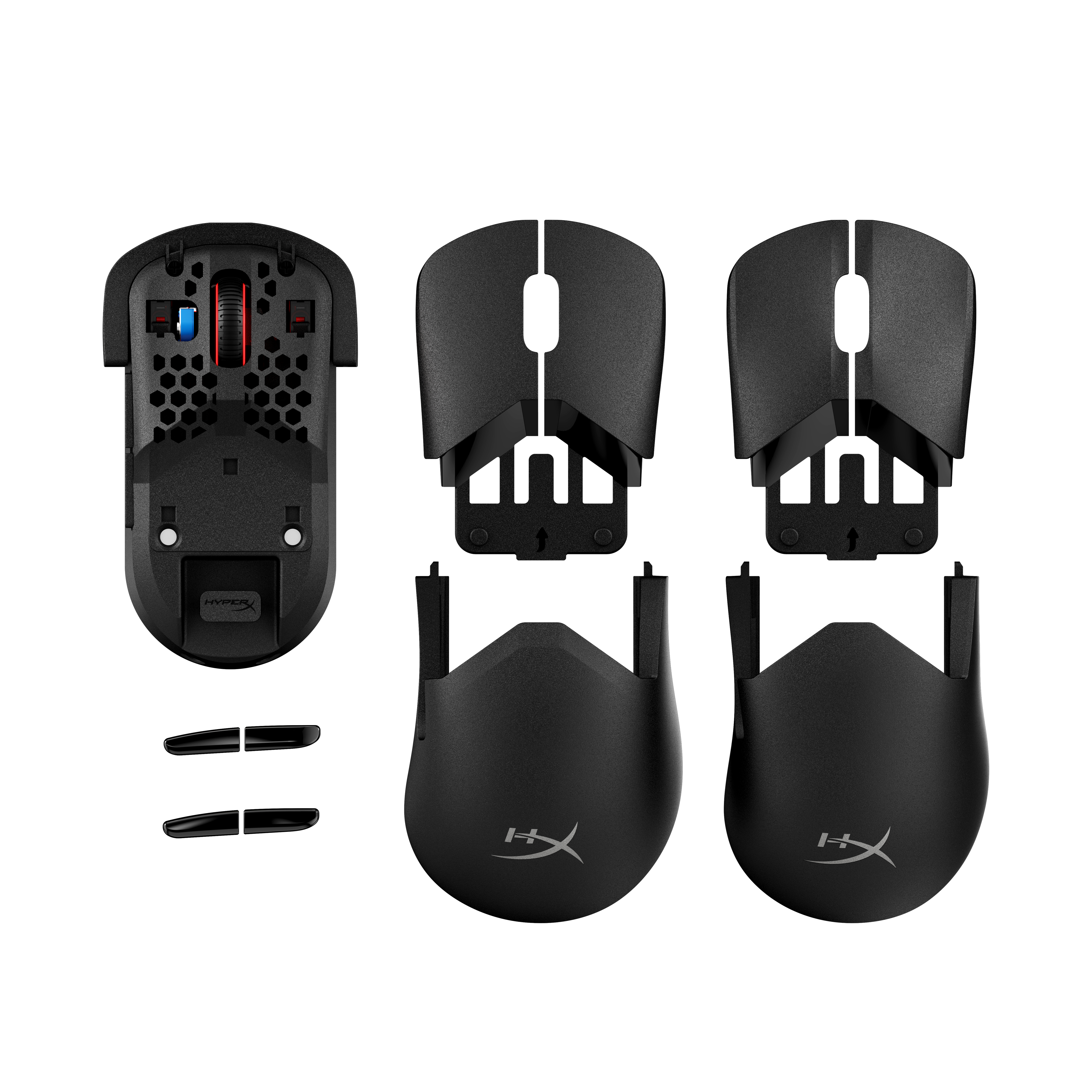 The back of the HyperX Pulsefire Saga Pro wireless gaming mouse box, showing its features in multiple languages.