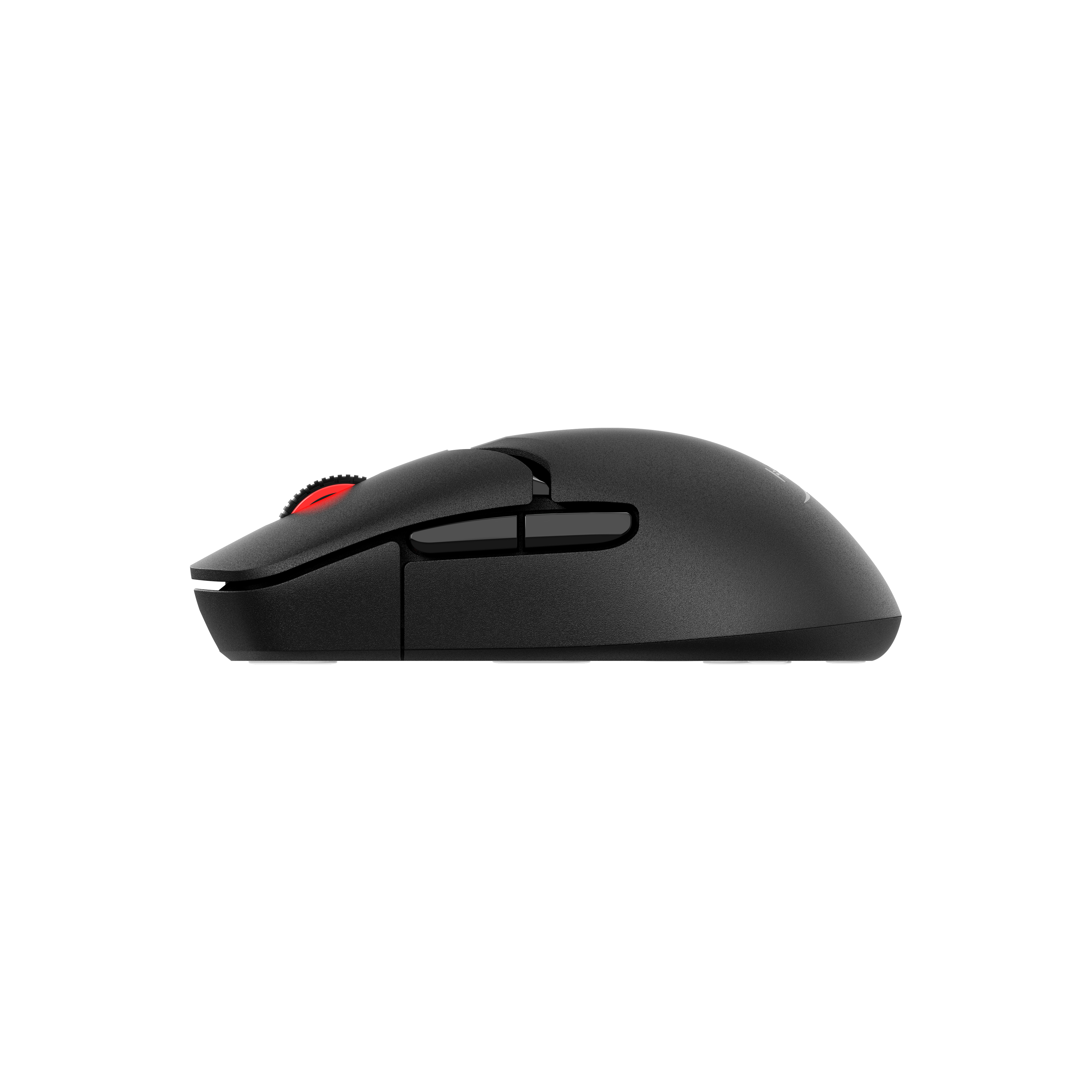 The bottom of a black gaming mouse, showing the underside with glide pads and sensor.