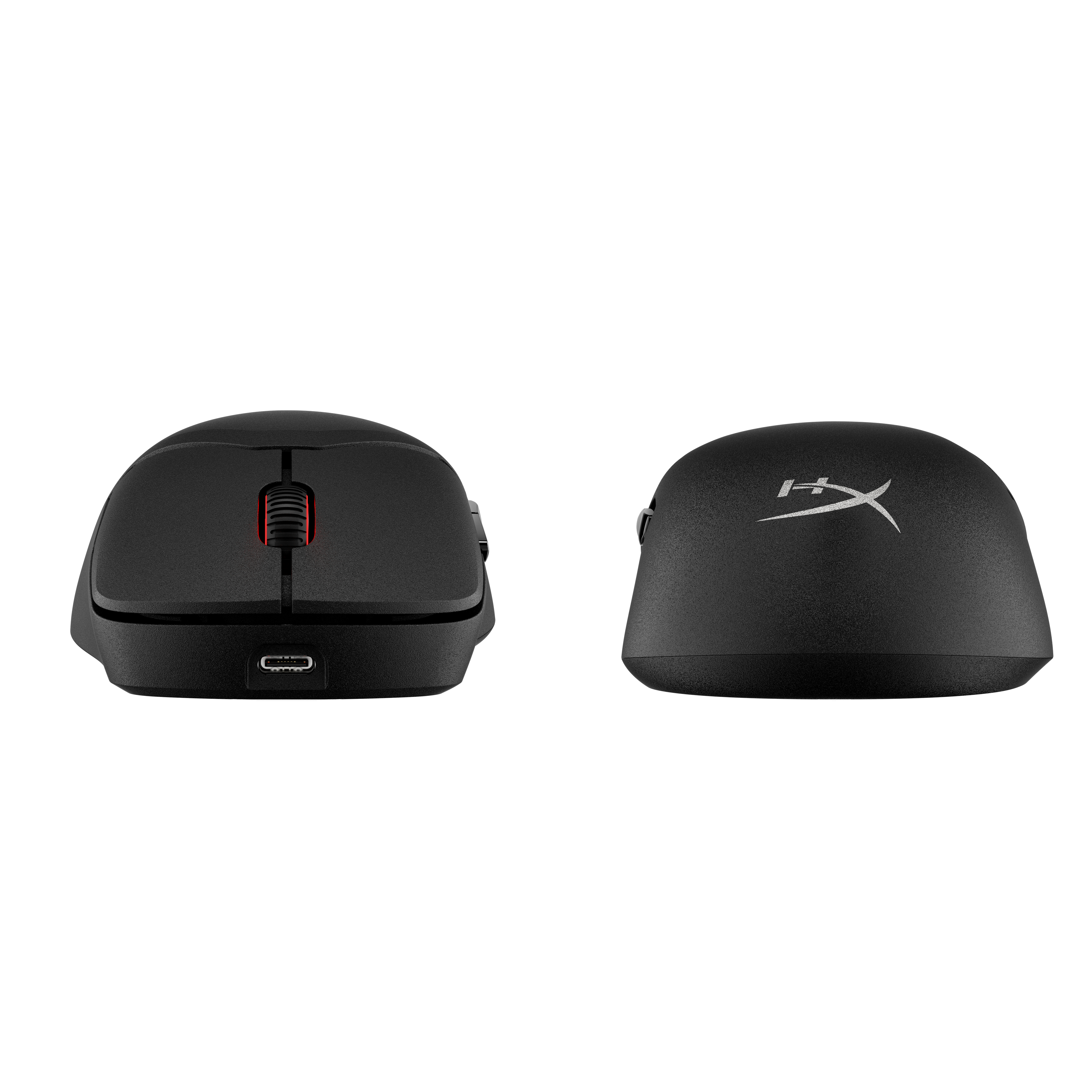 Two black computer mice, top and side views.