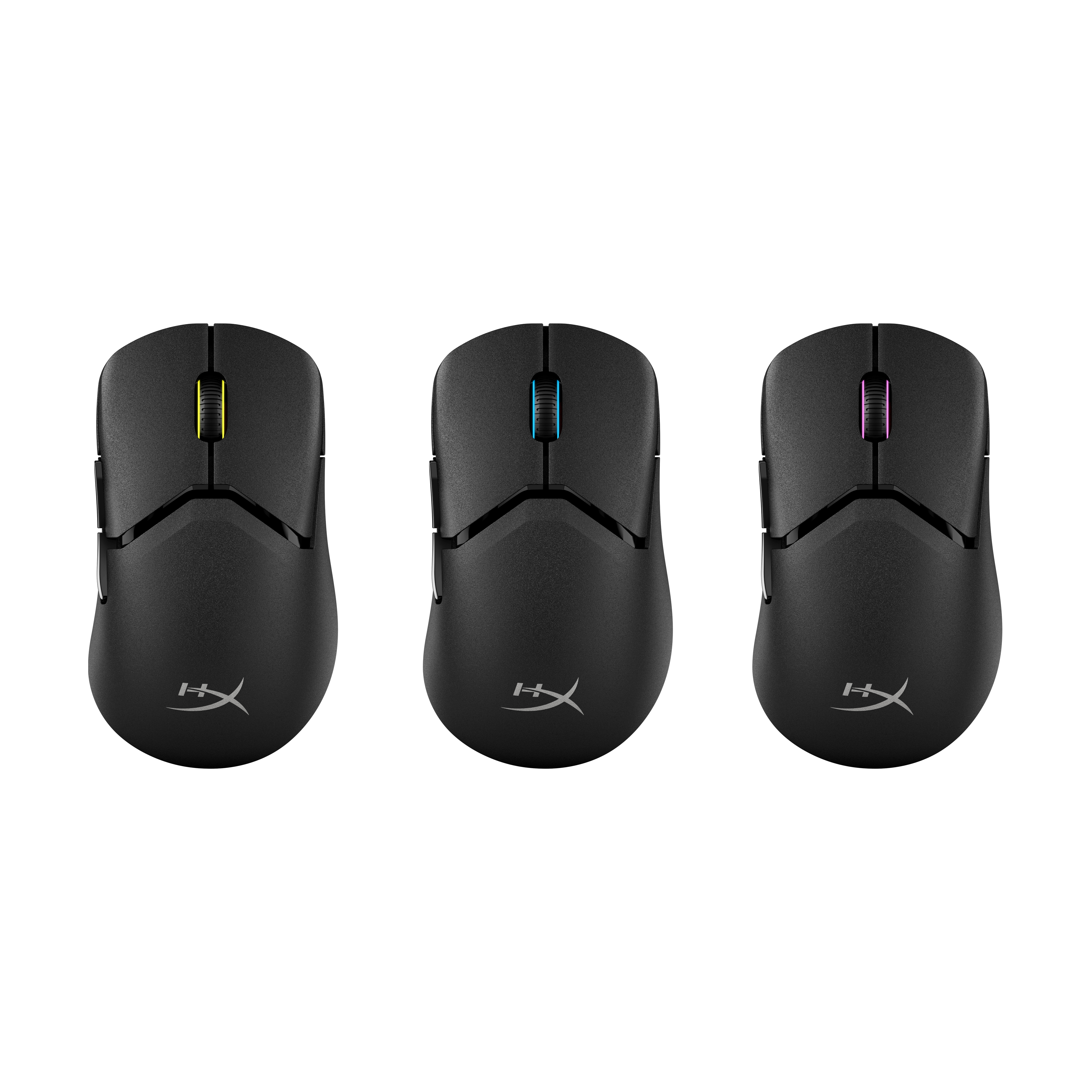 Three black computer mice with different colored scroll wheel lights.