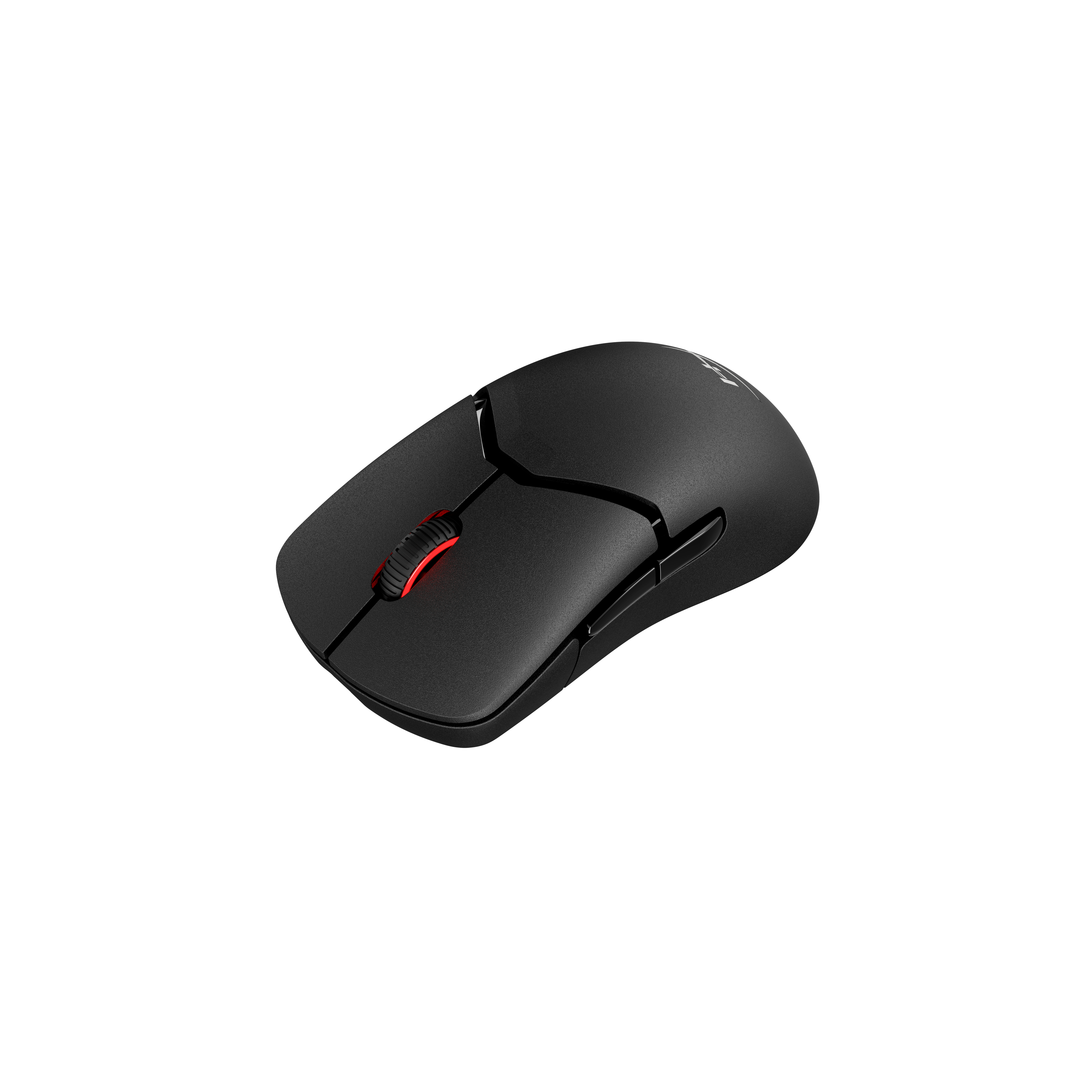 Black wireless mouse on a white background. Red scroll wheel. Angled view.