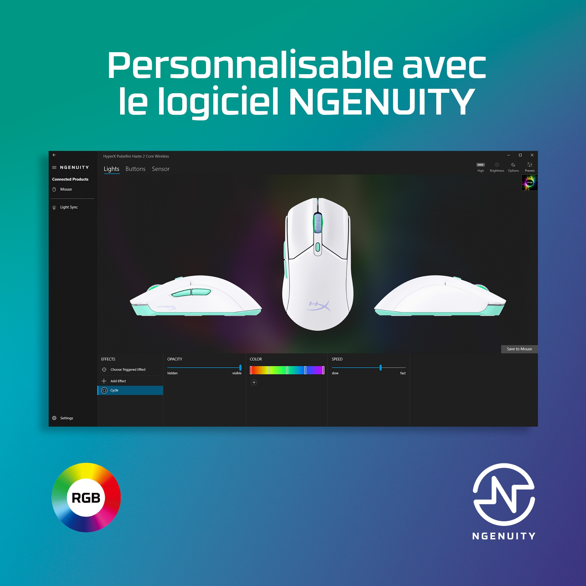 White mouse with customizable LED lights, displayed with software interface. 'NGENUITY' logo at the bottom.