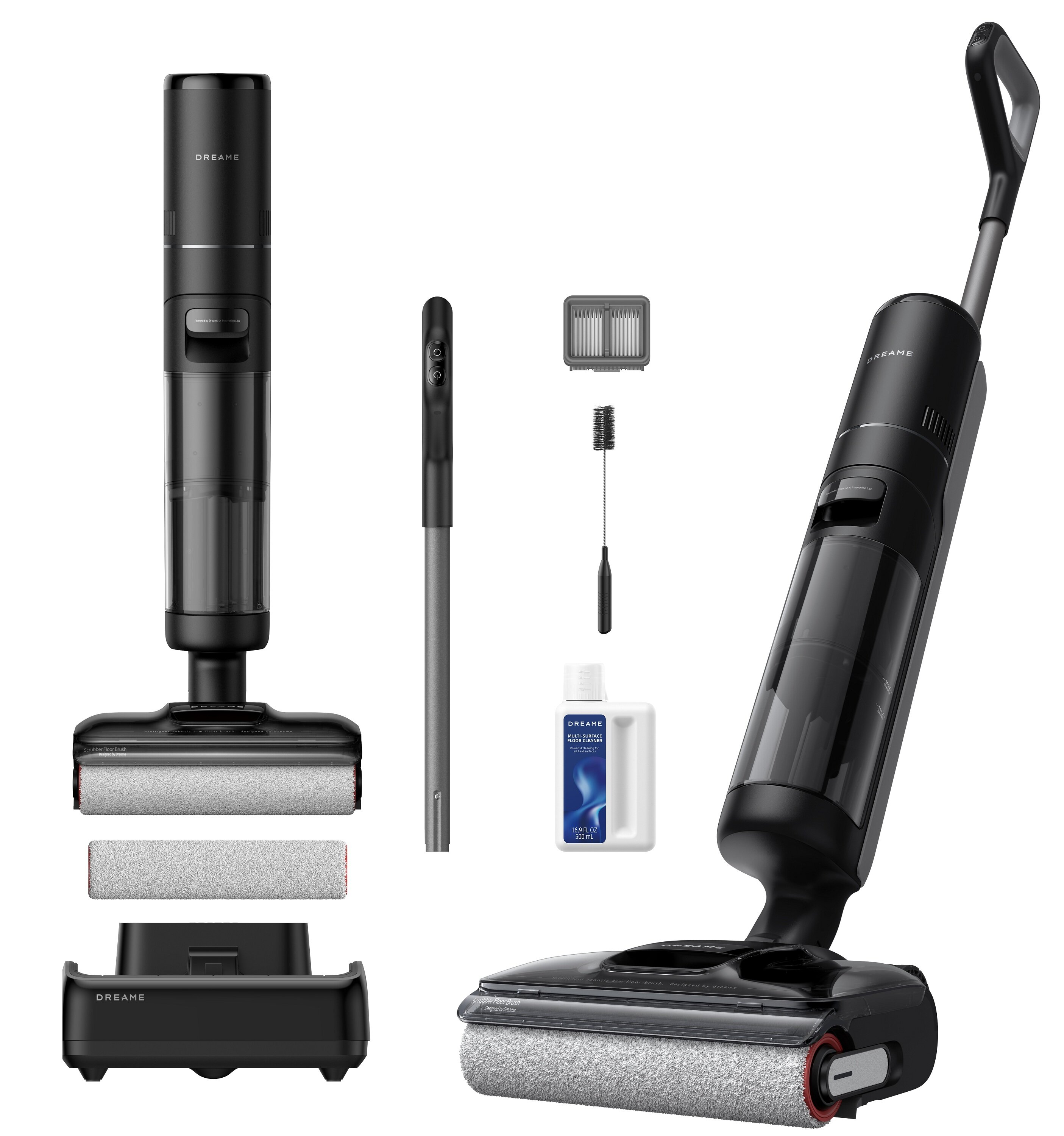 Odkurzacz i akcesoria: dodatkowy wałek, szczotka do czyszczenia i roztwór czyszczący.