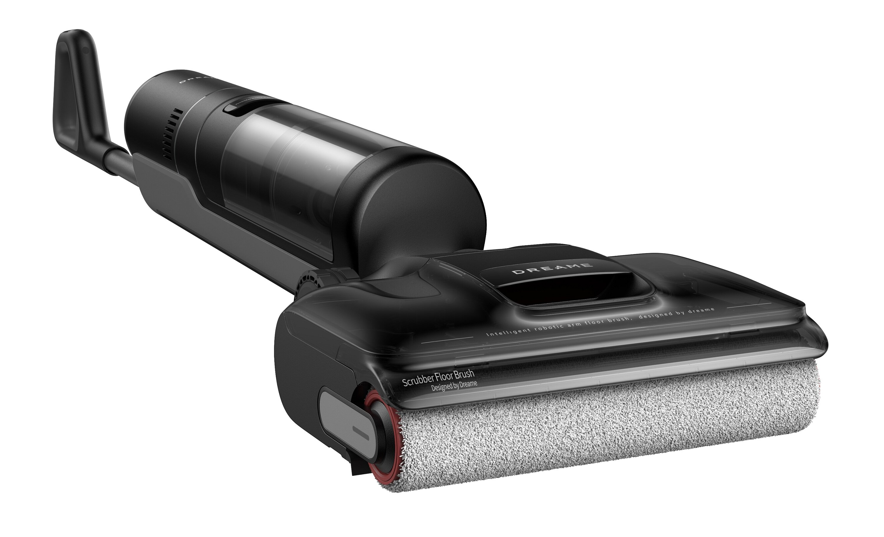 Czarna szczotka do podłóg Dreame Scrubber z uchwytem i szczotką rolkową.