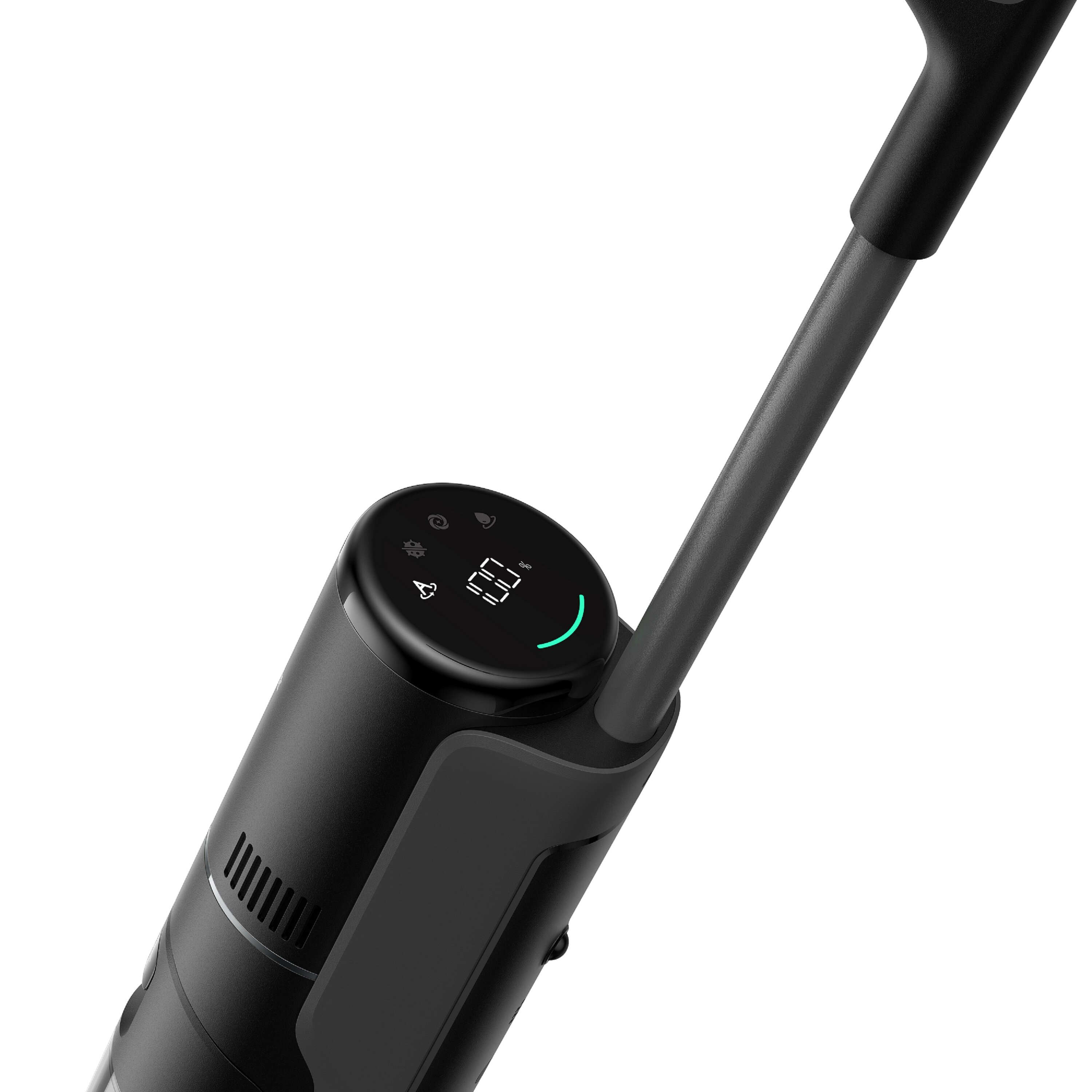 Czarny odkurzacz z cyfrowym wyświetlaczem pokazującym 100%. Uchwyt jest szary.