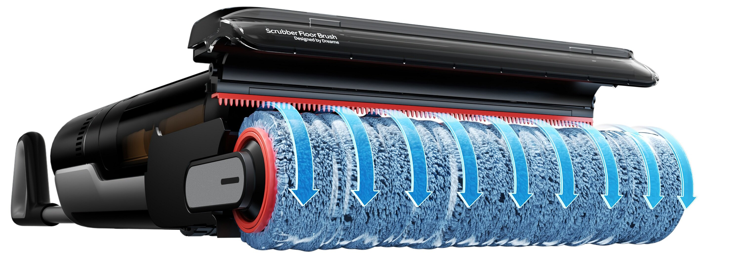 Przekrój głowicy odkurzacza pokazujący przepływ wody przez niebieską szczotkę rolkową.