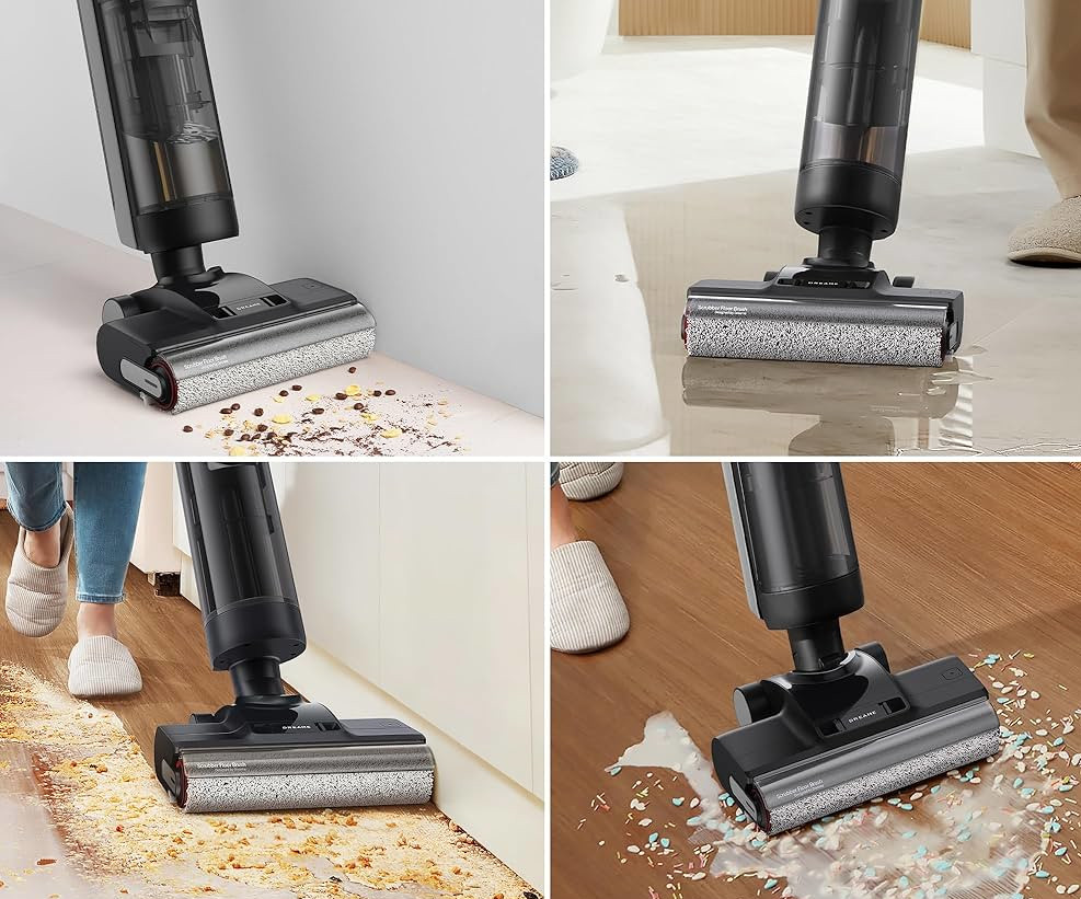 Robot sprzątający czyszczący różne powierzchnie podłóg. Różne widoki urządzenia w użyciu.