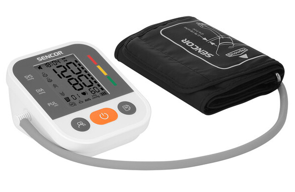 Ciśnieniomierz z wyświetlaczem i czarnym mankietem.