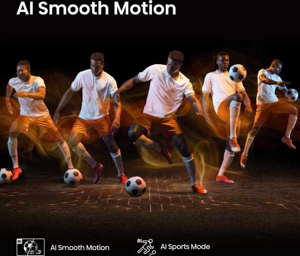Ekran telewizora pokazujący wielu piłkarzy w akcji z funkcjami AI Smooth Motion i AI Sports Mode.