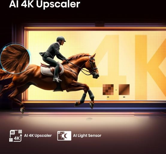 Obraz pokazuje mężczyznę na koniu, z ekranem pokazującym AI 4K Upscaler i AI Light Sensor.