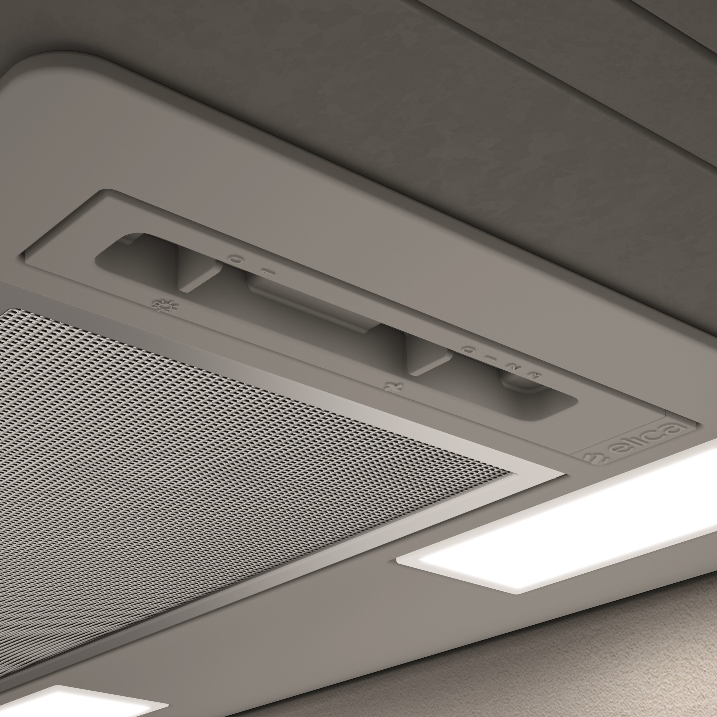 Zbliżenie srebrnego panelu sterowania okapu kuchennego. Ma cyfry i logo.