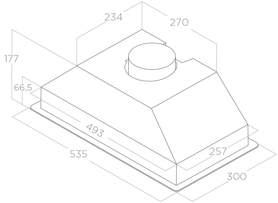Widok izometryczny okapu kuchennego, przedstawiający wymiary i pomiary na schemacie.