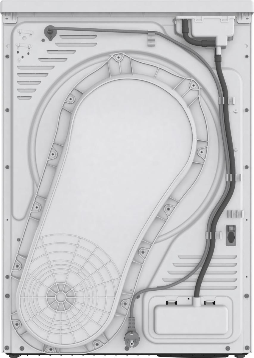 Tył białej suszarki z dużą centralną konstrukcją wsporczą bębna, kablami i wtyczką.