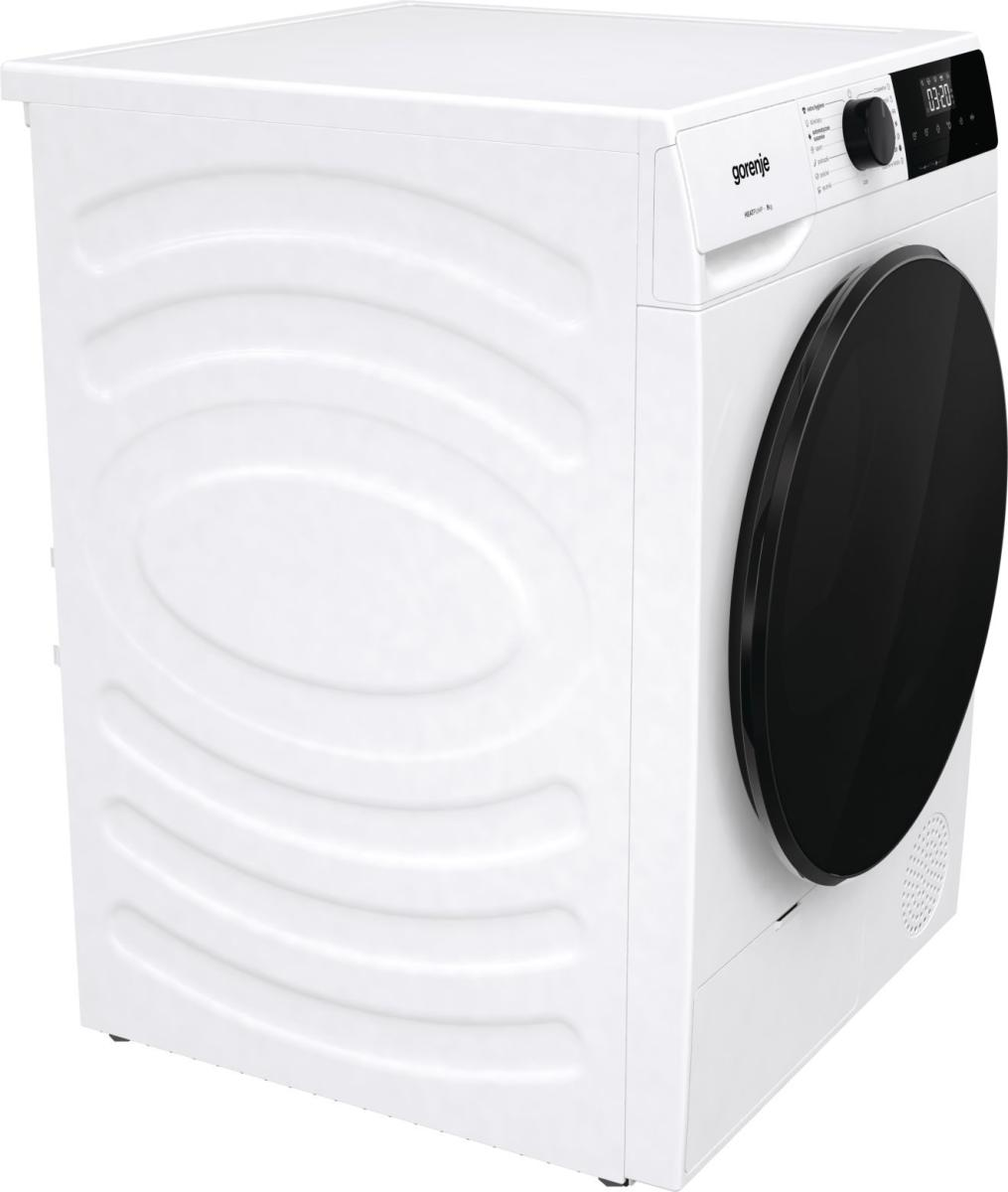 Biała pralka/suszarka, widok z boku. Przód ma czarne drzwi i panel sterowania.