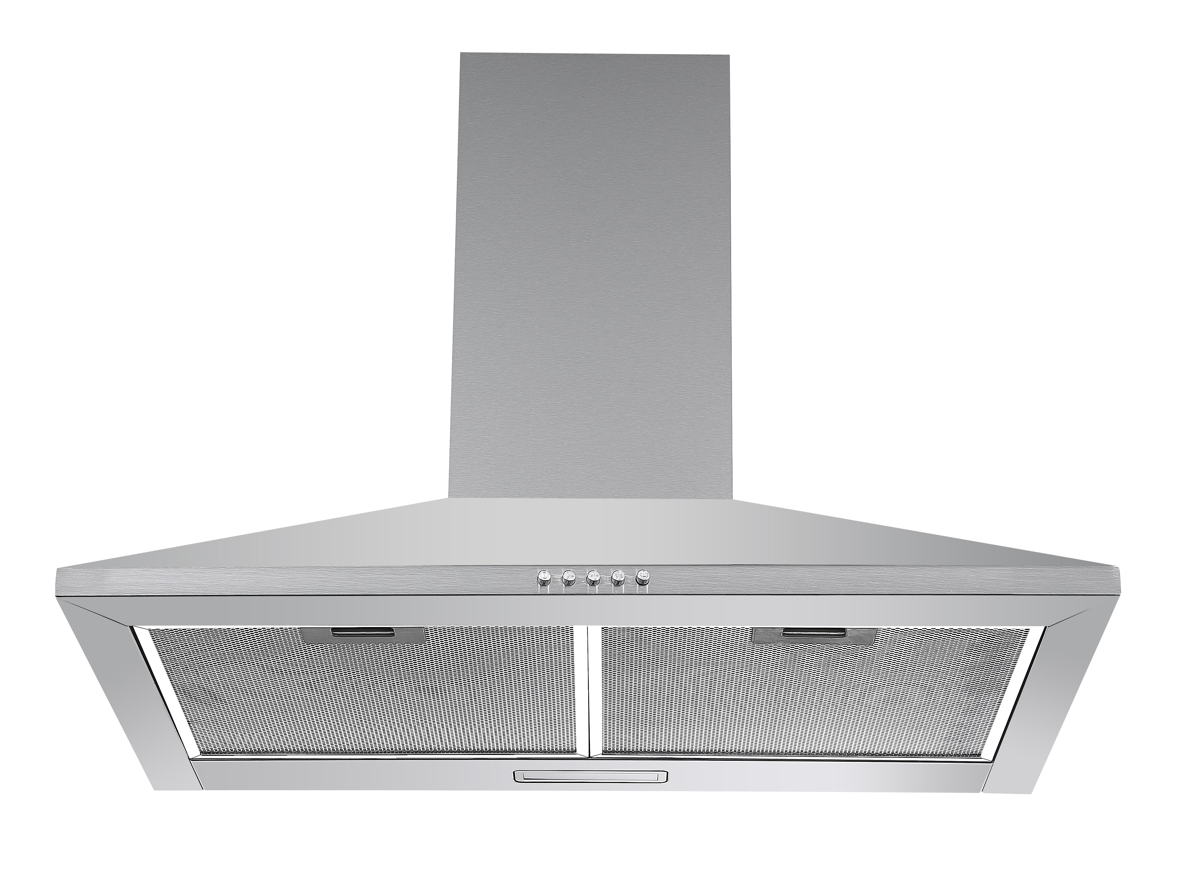 Okap ze stali nierdzewnej na białym tle. Posiada komin, światła i dwa filtry siatkowe.