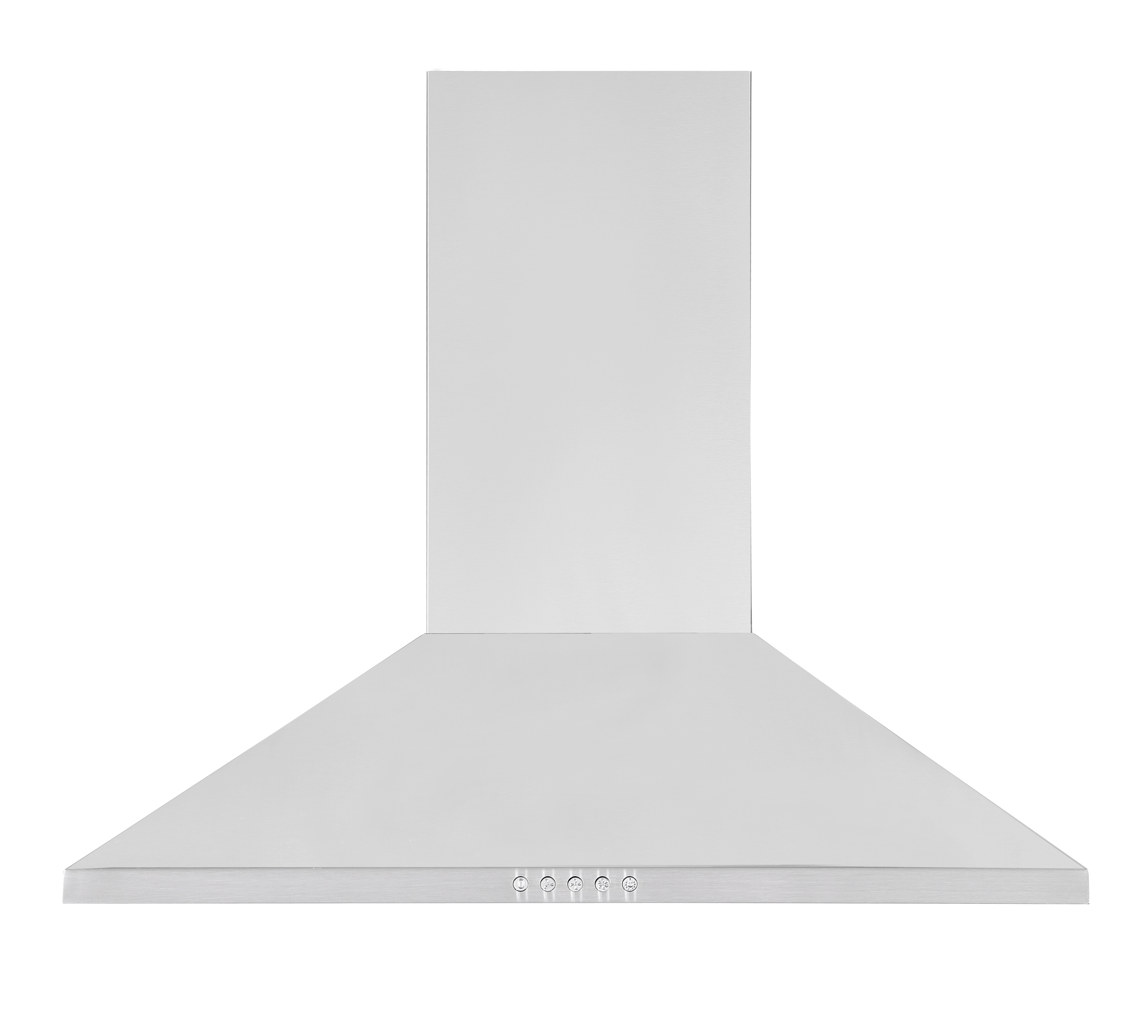 Okap ze stali nierdzewnej na białym tle. Ma prostokątny wierzch i rozszerzaną dolną część z przyciskami.