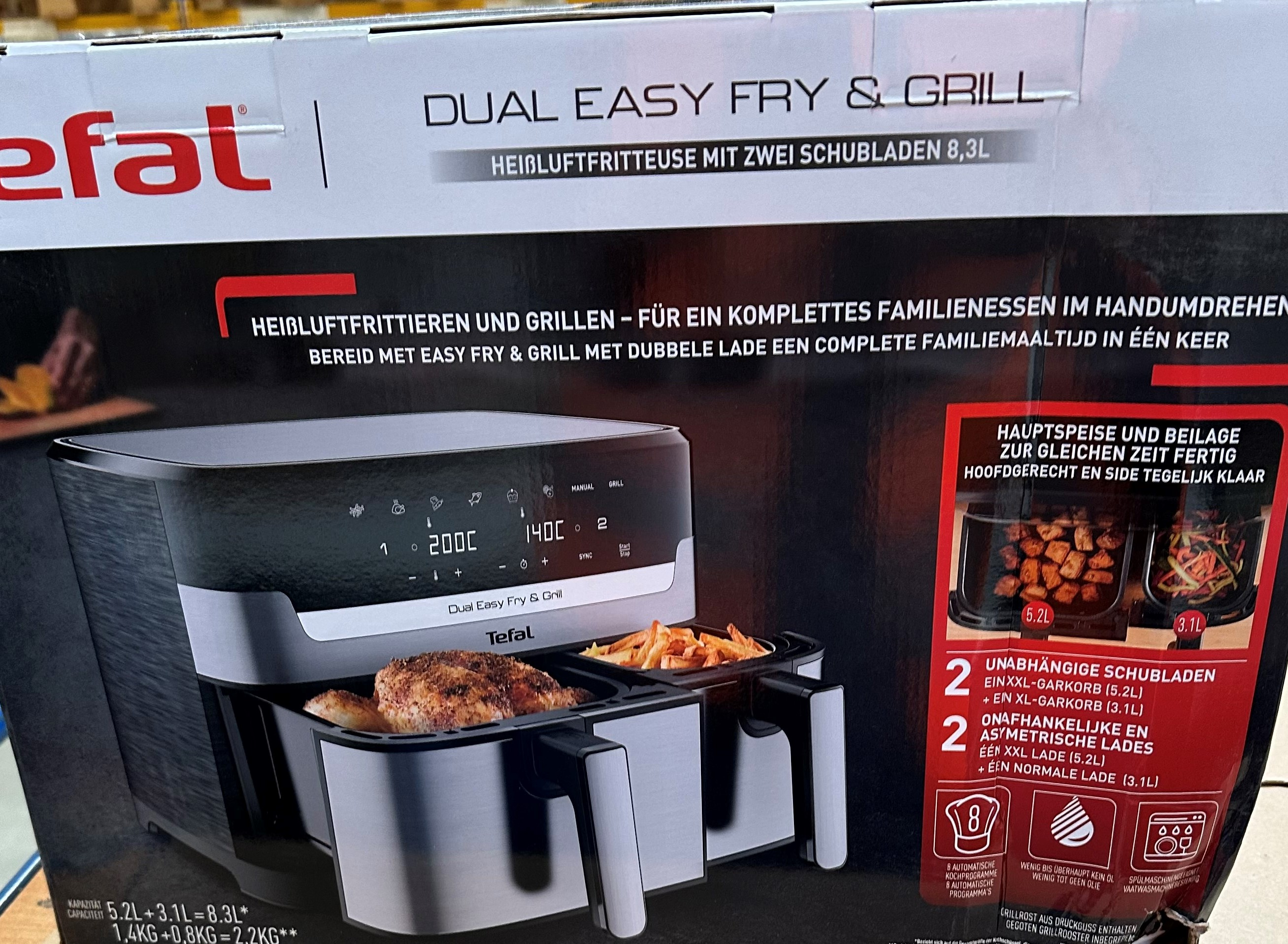 Pudełko frytownicy Dual Easy Fry & Grill, ze zdjęciami produktu i jedzenia.