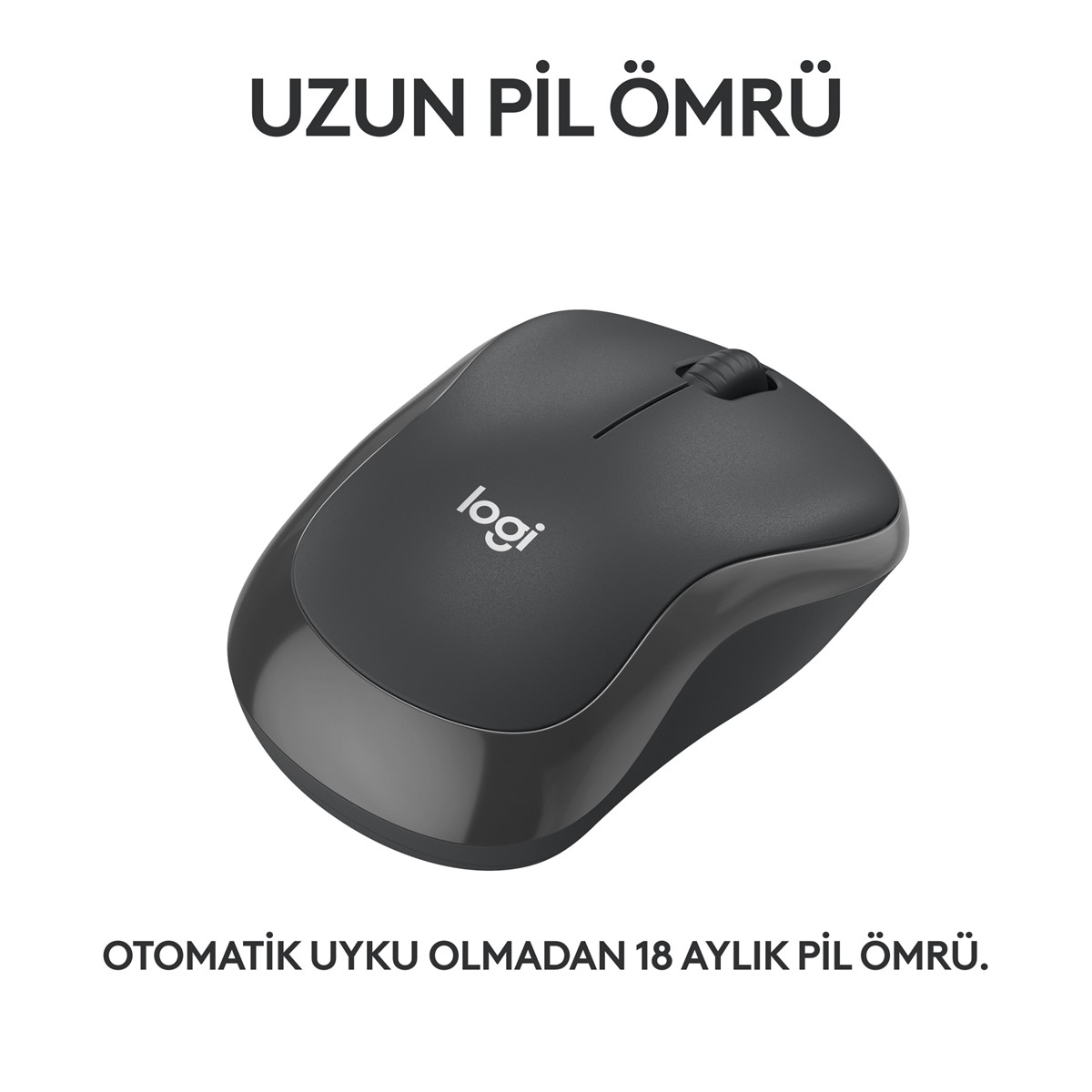 Beyaz bir yüzeyde siyah Logitech fare, uzun pil ömrü hakkında metinle.
