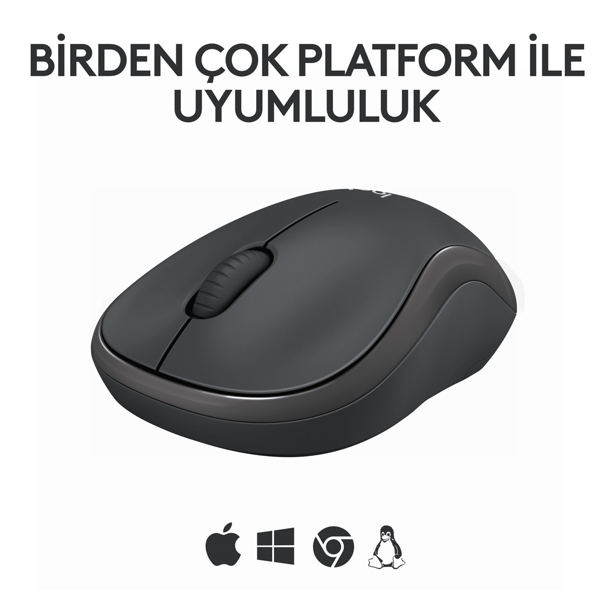 Siyah Logitech fare, çoklu platform uyumluluğu simgeleriyle beyaz bir arka planda.