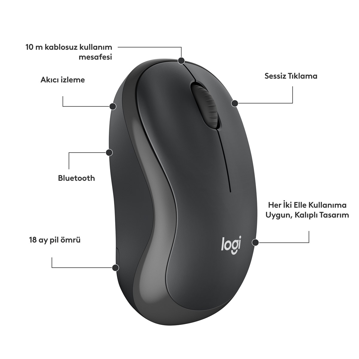 Bluetooth ve sessiz tıklamalar gibi özelliklere işaret eden metin etiketleri olan siyah Logitech fare.