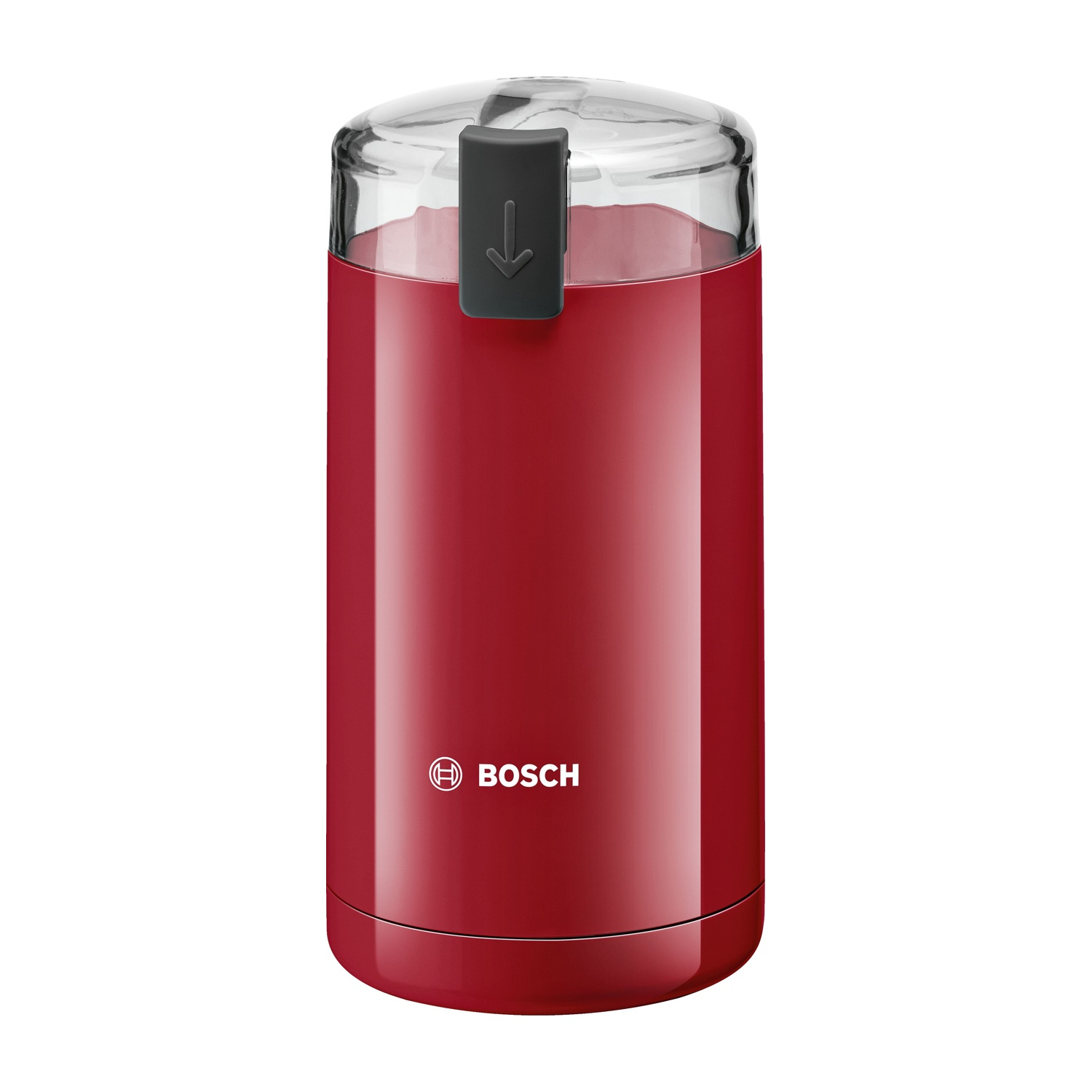 Macinacaffè rosso con coperchio trasparente, manico nero e logo Bosch.