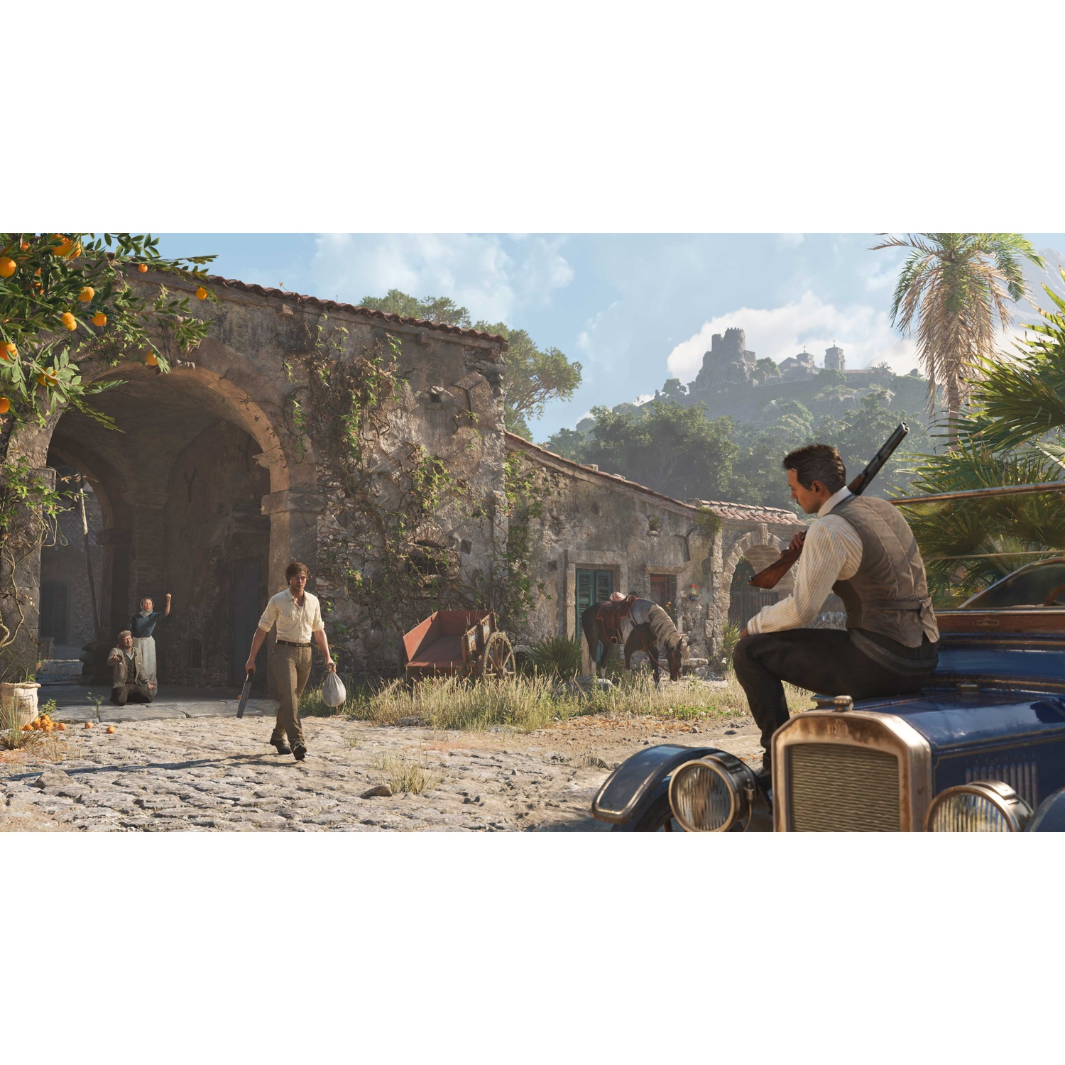 Scena da un gioco con persone, un edificio con un arco e un'auto.