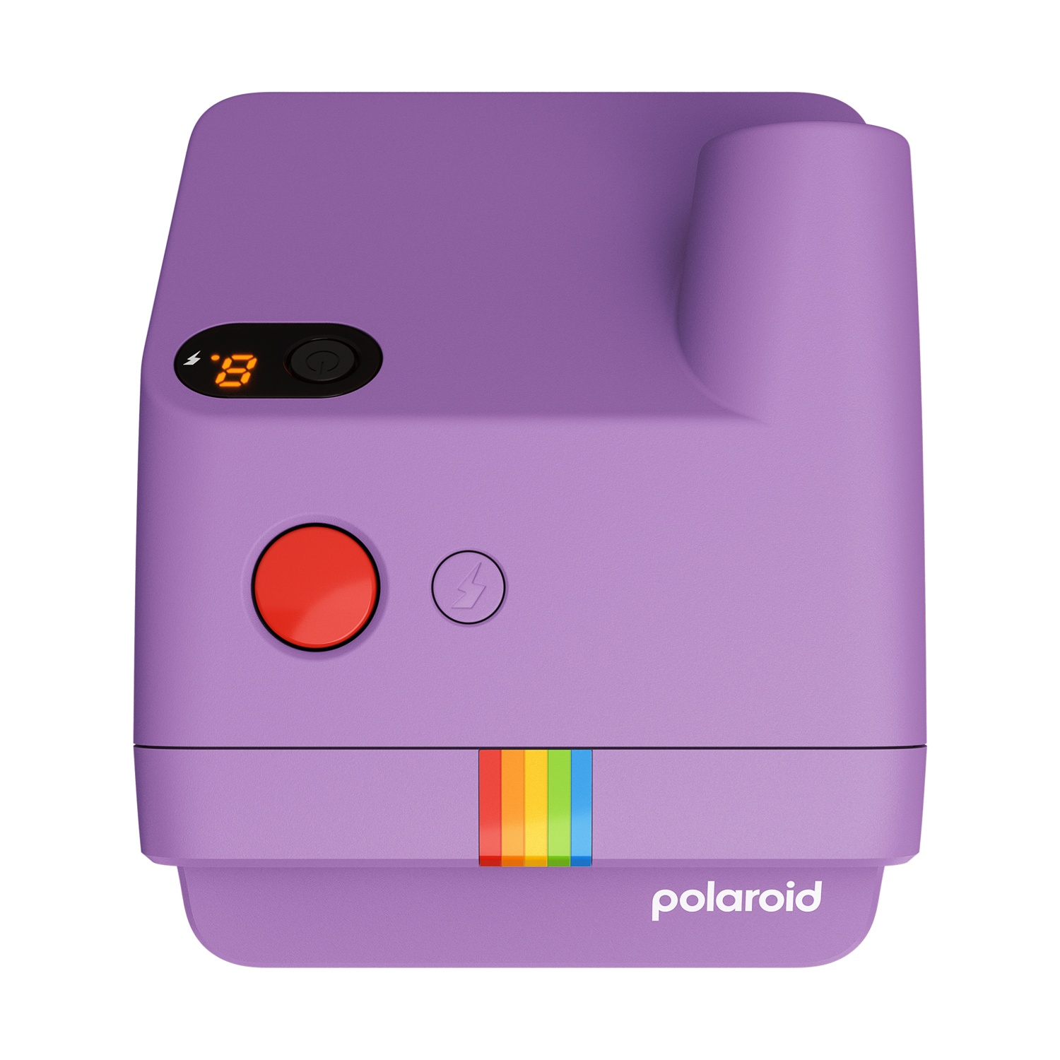 Fotocamera istantanea Polaroid viola con una striscia arcobaleno e un pulsante rosso.