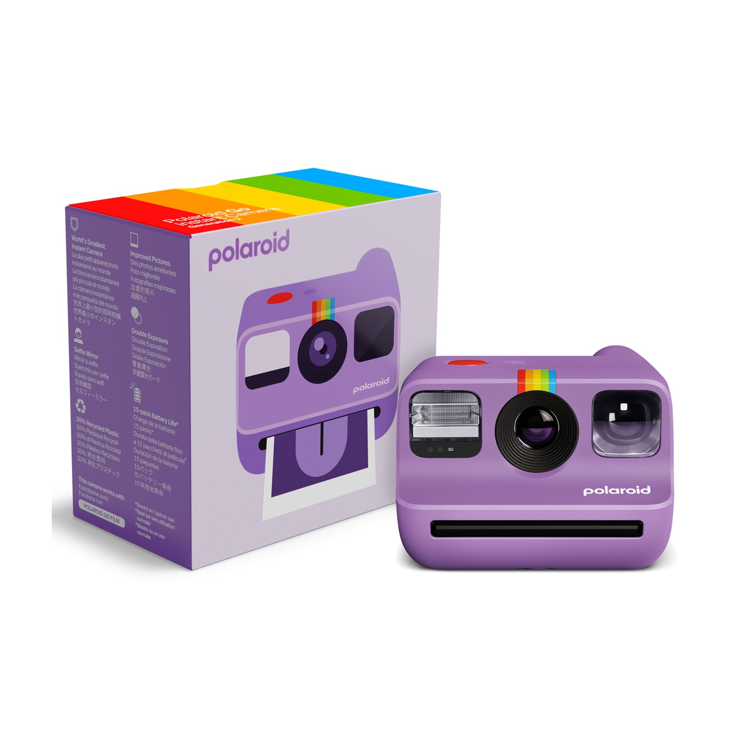 Una fotocamera Polaroid viola con una striscia arcobaleno e una scatola.
